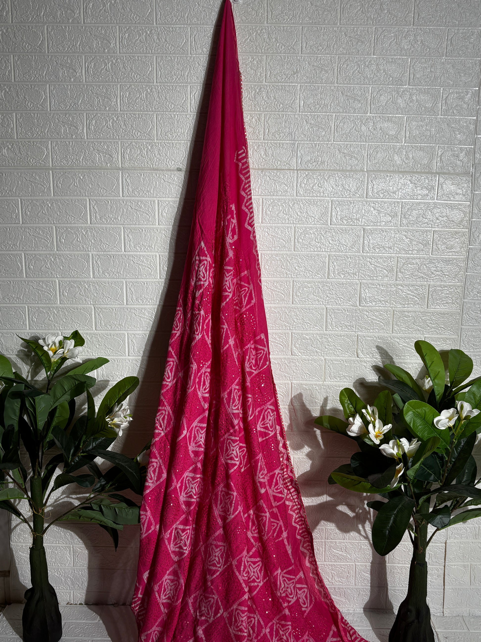 "Rani Pink Bandhani Georgette Saree with Mirror Work"