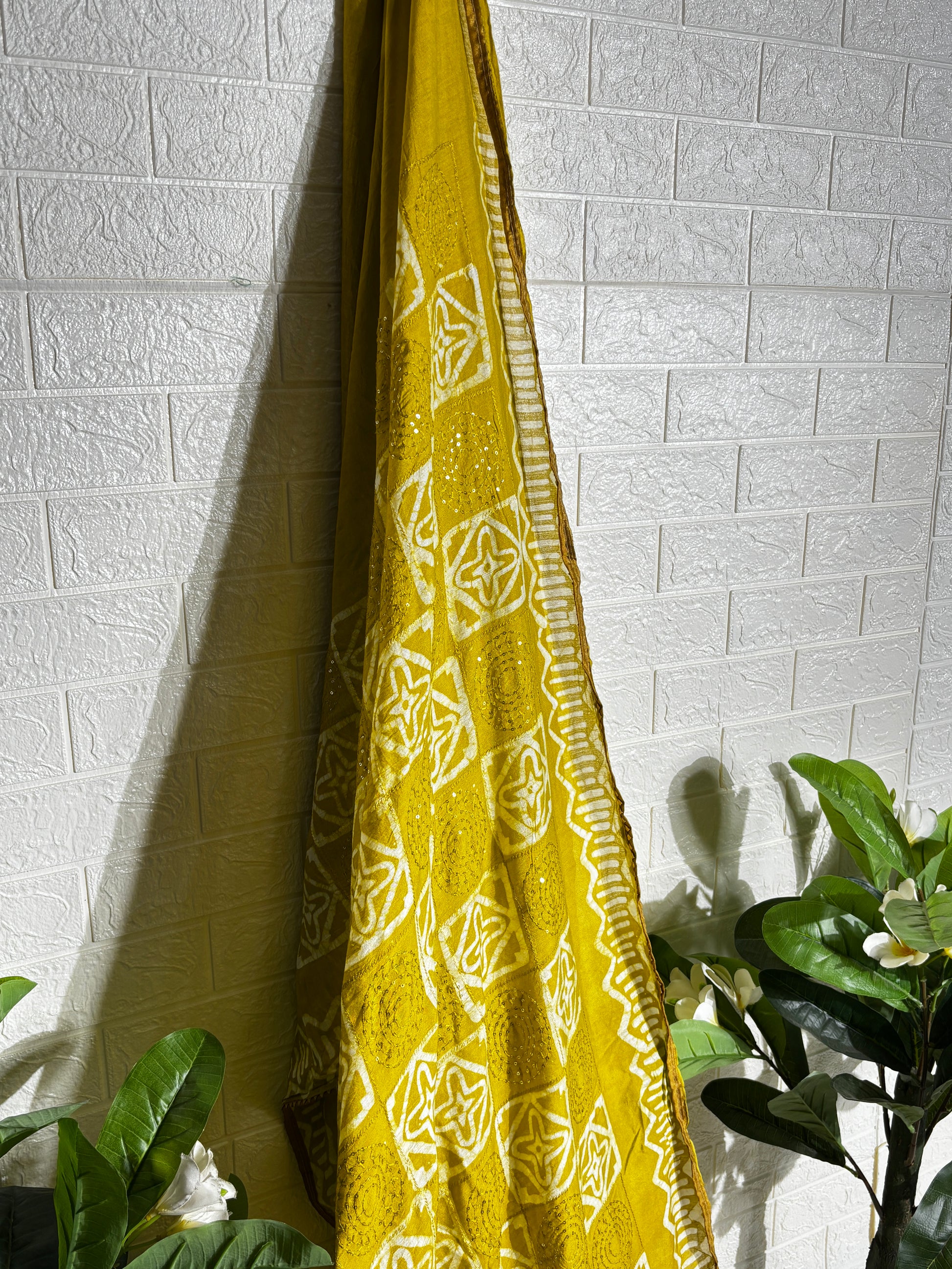 Mustard Yellow Bandhani Georgette Saree with Mirror Work"
