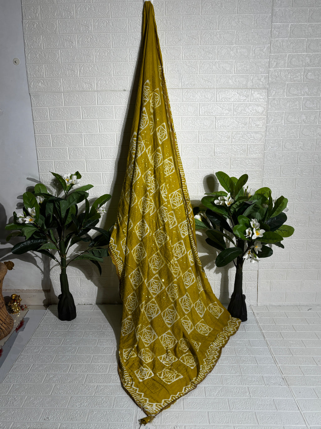 Mustard Yellow Bandhani Georgette Saree with Mirror Work"