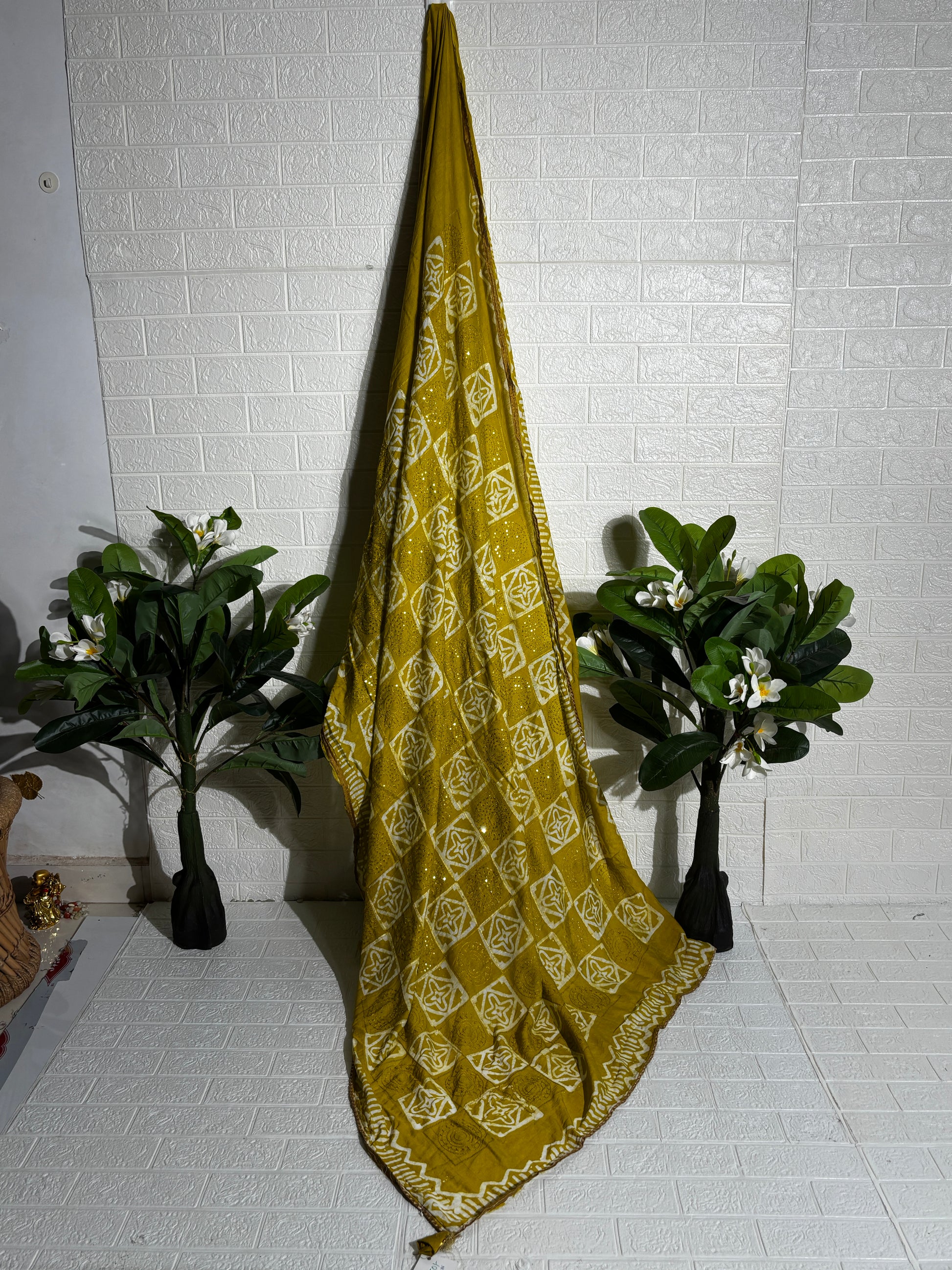 Mustard Yellow Bandhani Georgette Saree with Mirror Work"