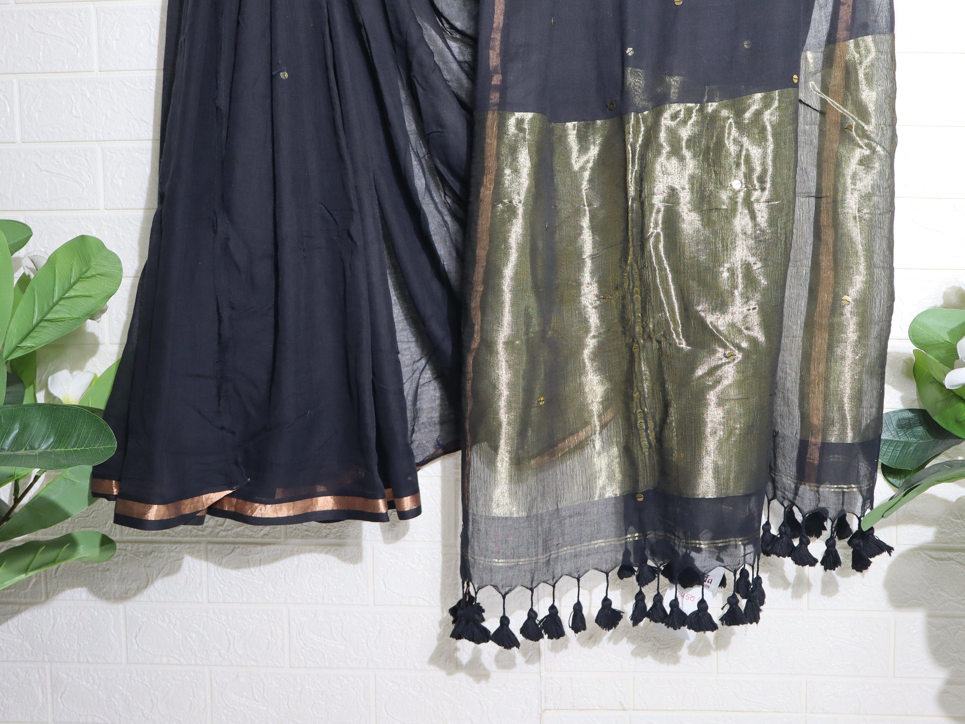Elegant Black Handloom Saree with Gold Zari Pallu & Tassels