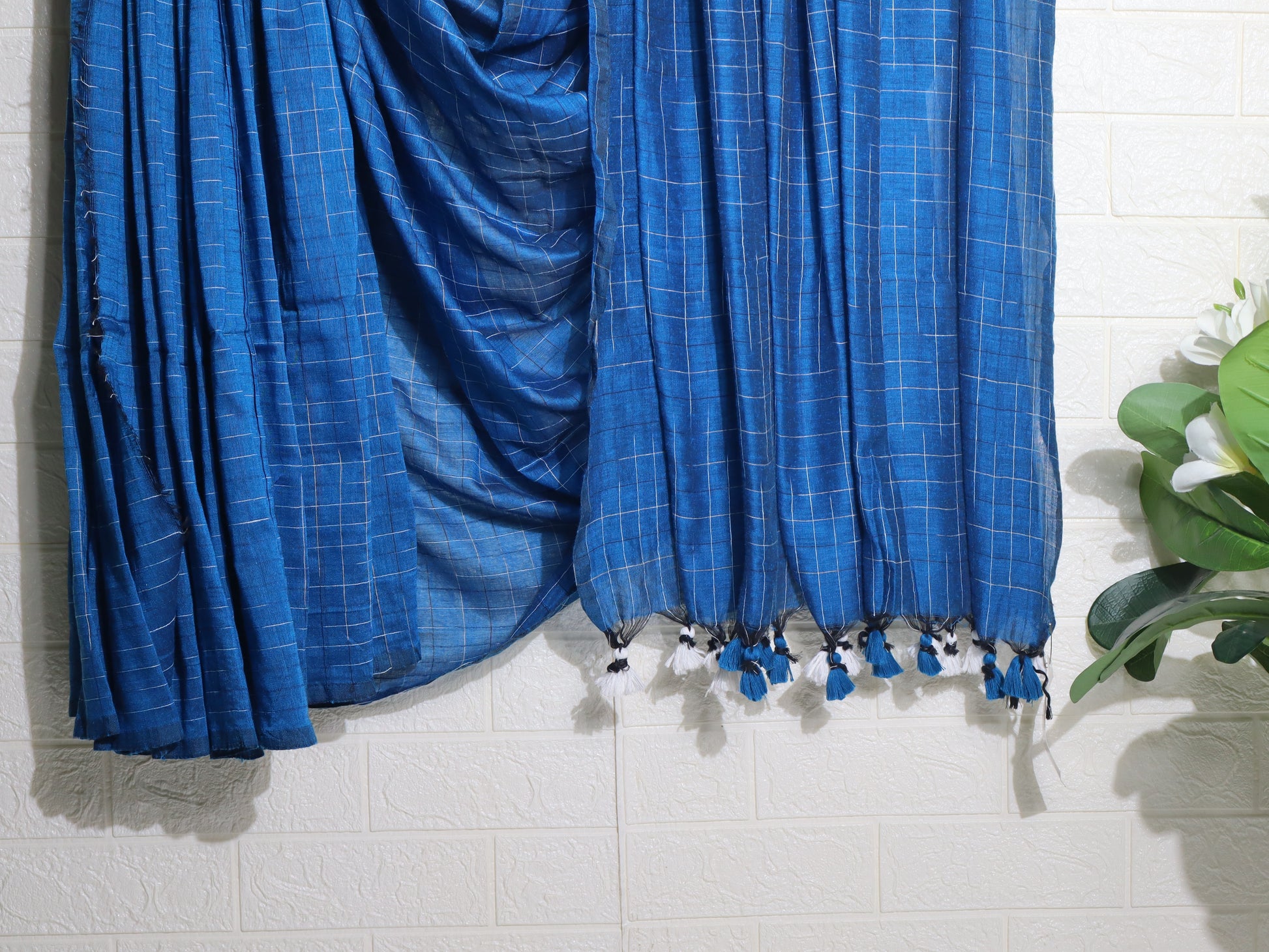 Indigo Blue Checkered Cotton Dupatta with Tassels