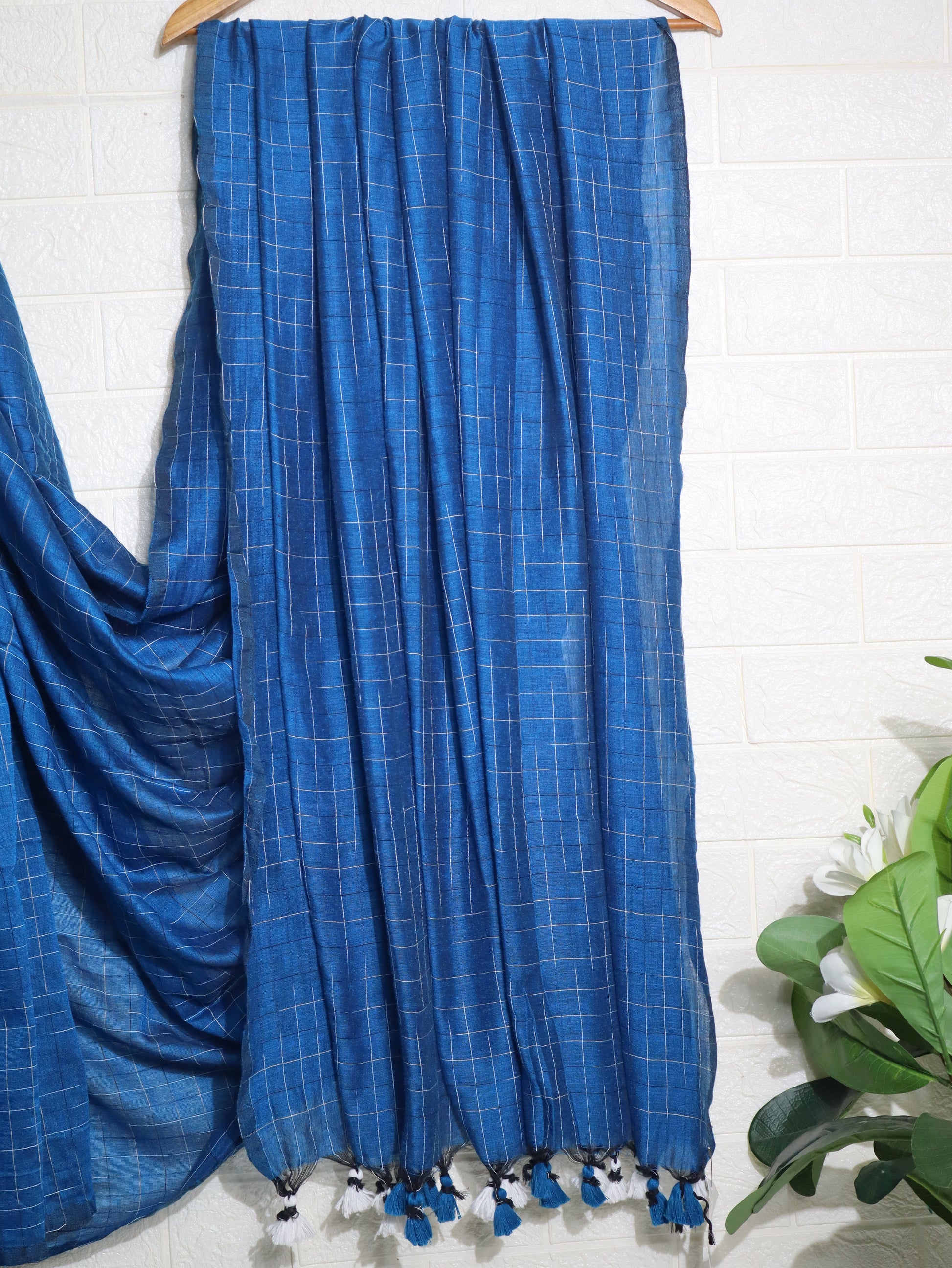 Indigo Blue Checkered Cotton Dupatta with Tassels