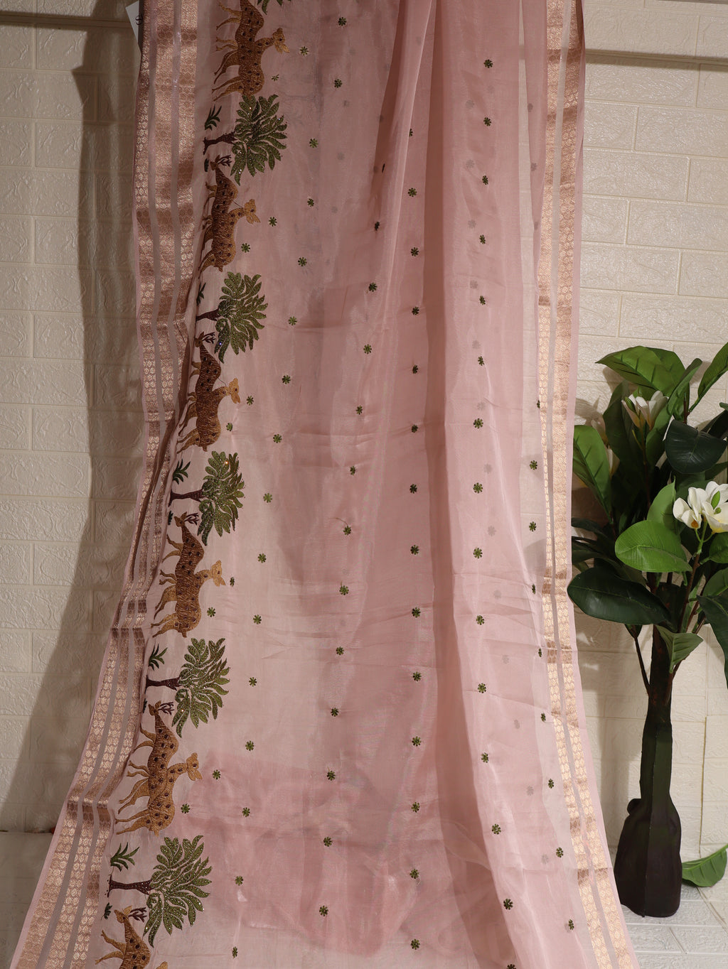 Baby Pink Chanderi Silk Saree with Embroidered Jungle Motif Border