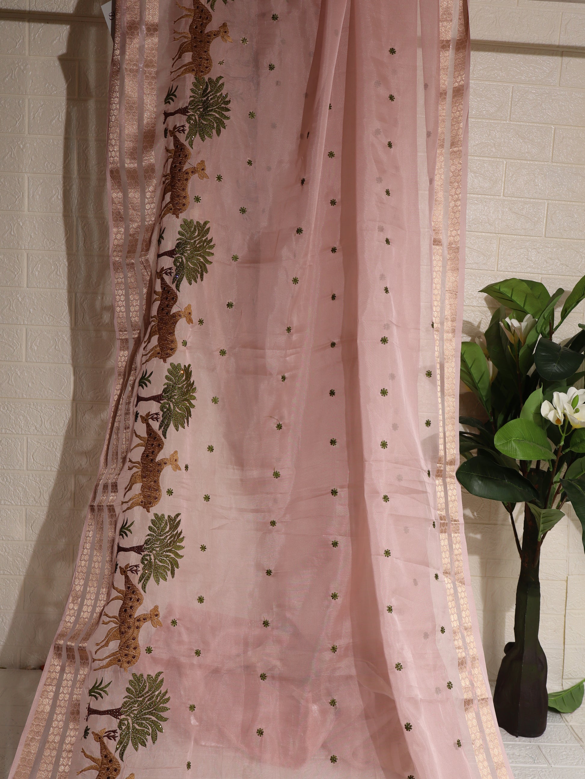 Baby Pink Chanderi Silk Saree with Embroidered Jungle Motif Border