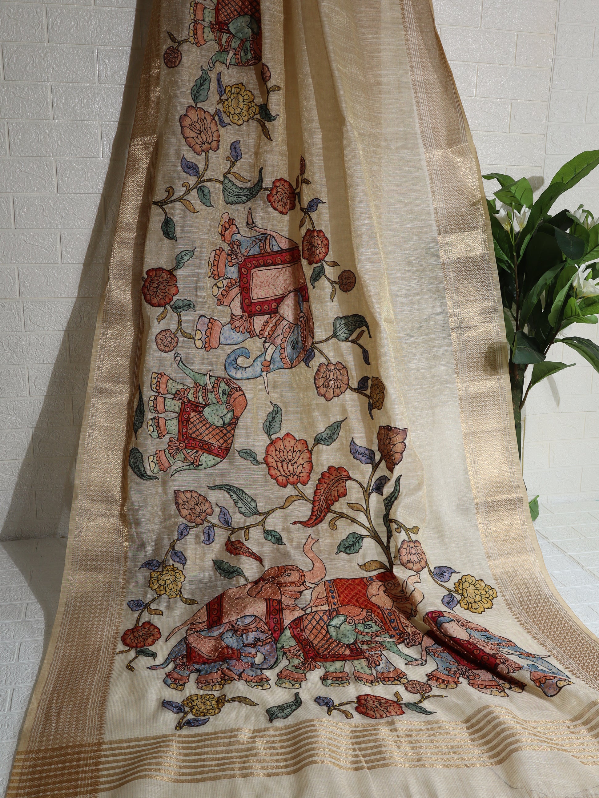 Hand-painted silk saree featuring mythical