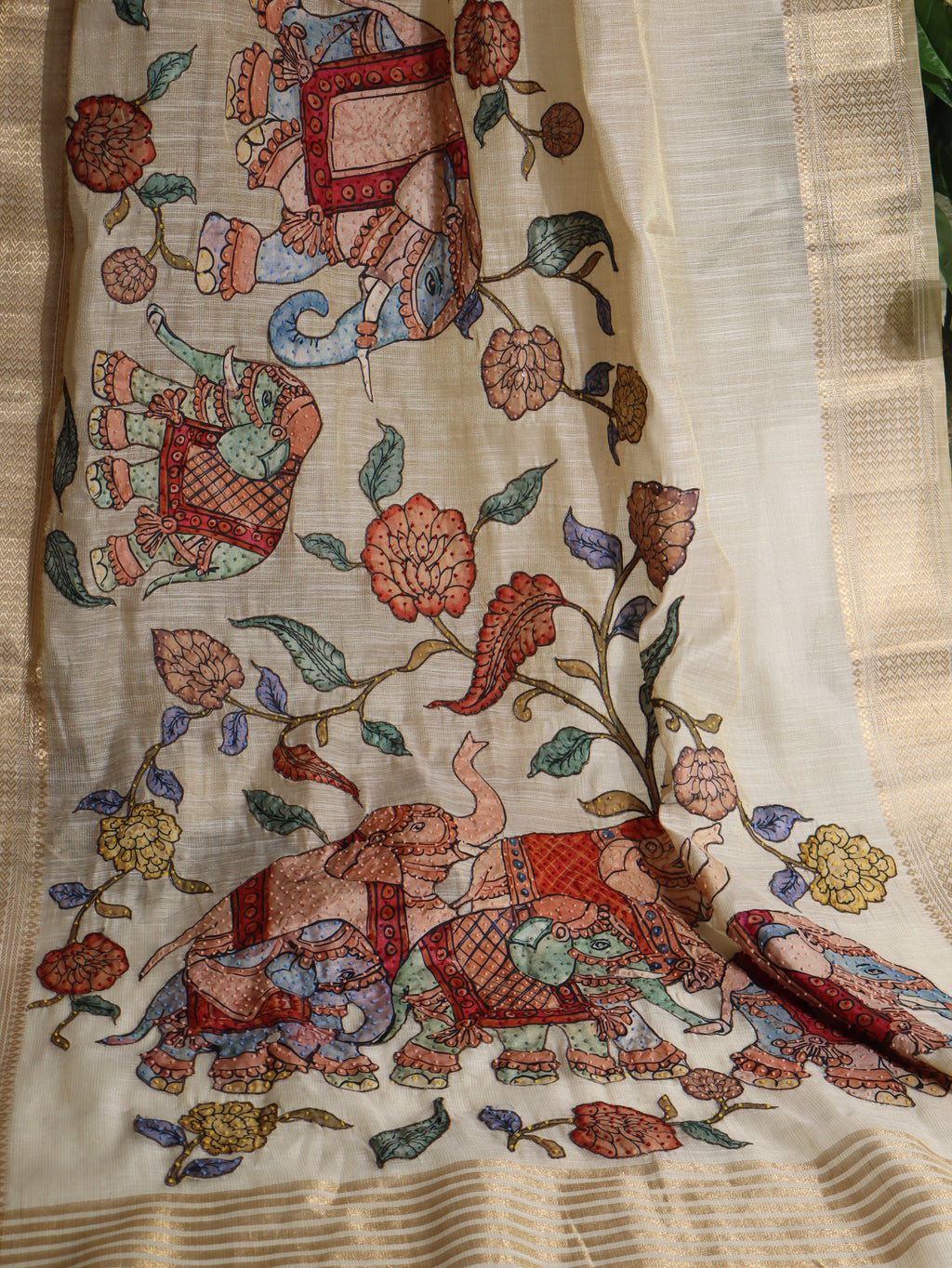 Hand-painted silk saree featuring mythical