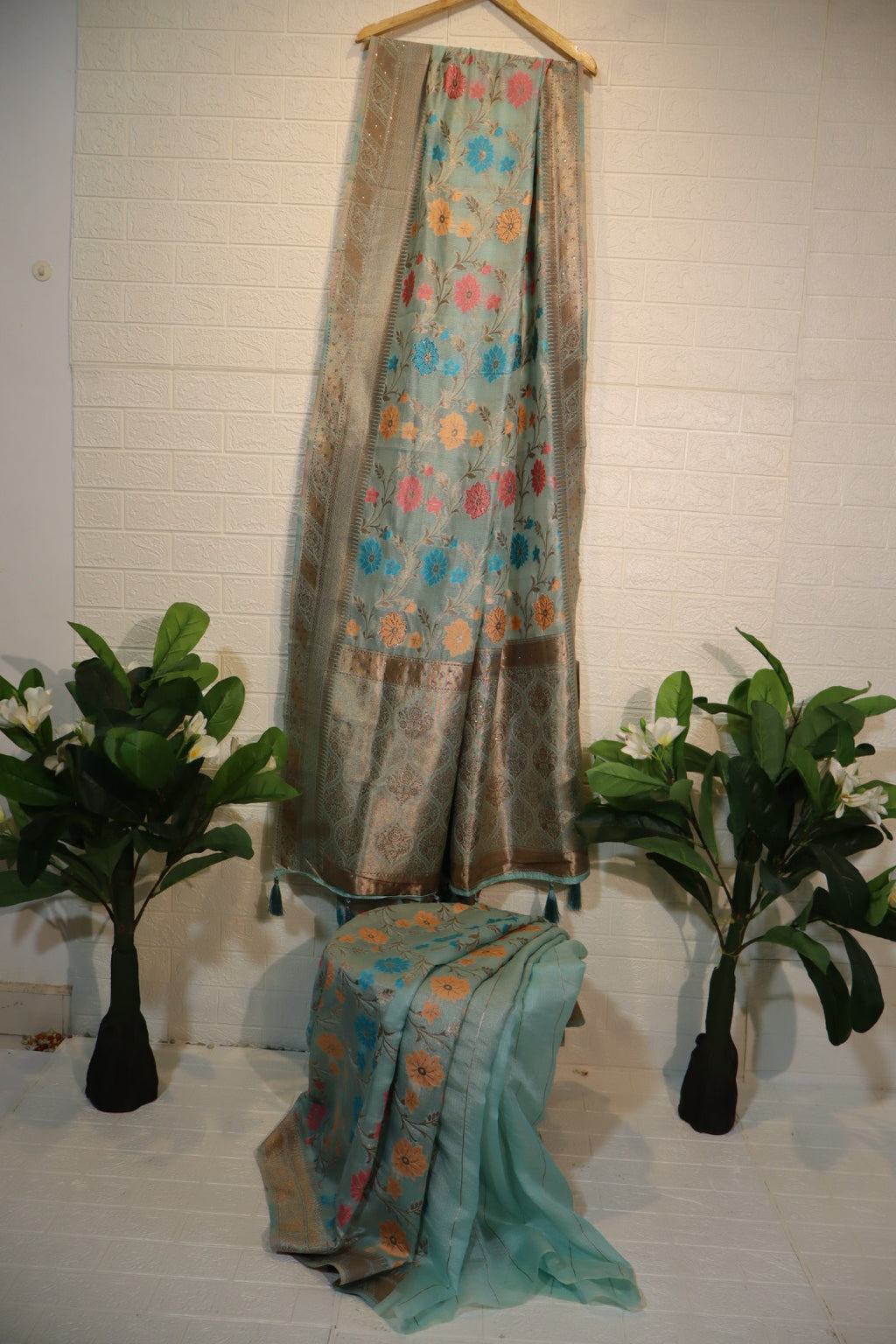 Sky Blue Banarasi Silk Saree with Multicolor Floral Weaving