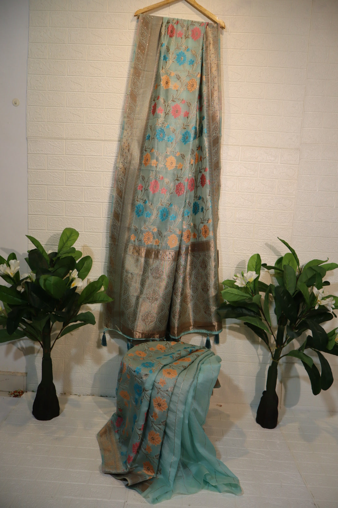 Sky Blue Banarasi Silk Saree with Multicolor Floral Weaving