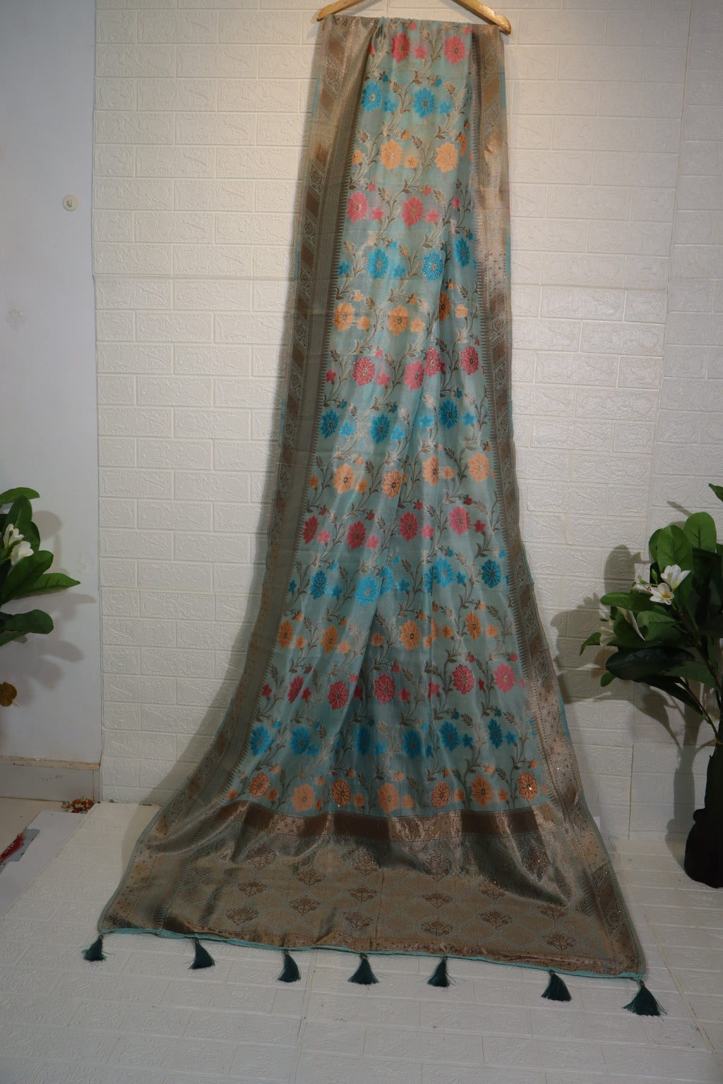 Sky Blue Banarasi Silk Saree with Multicolor Floral Weaving