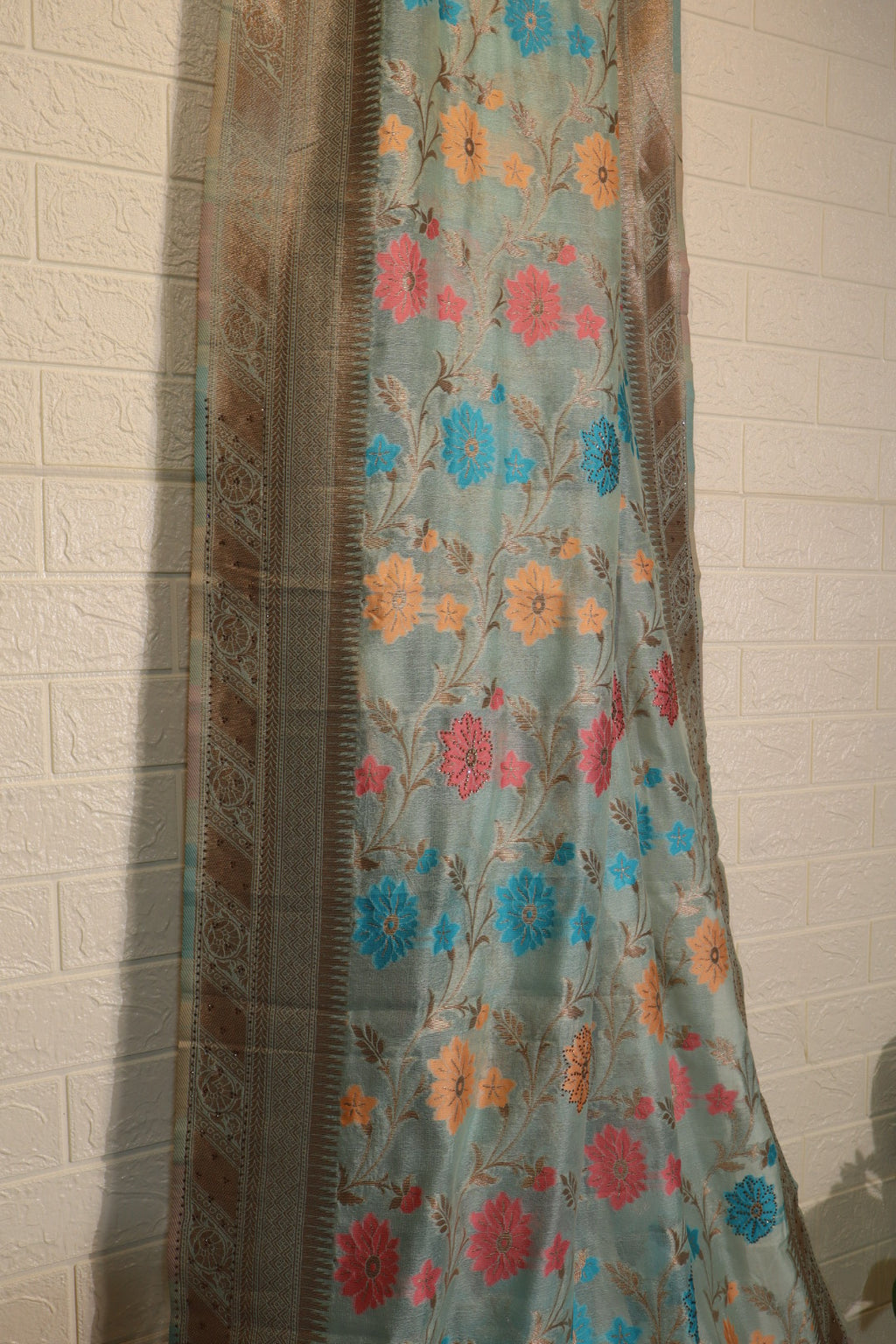 Sky Blue Banarasi Silk Saree with Multicolor Floral Weaving