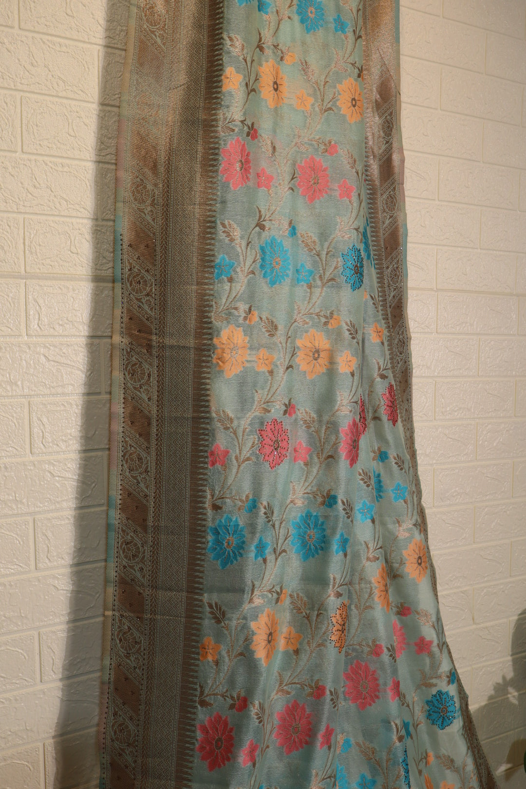 Sky Blue Banarasi Silk Saree with Multicolor Floral Weaving