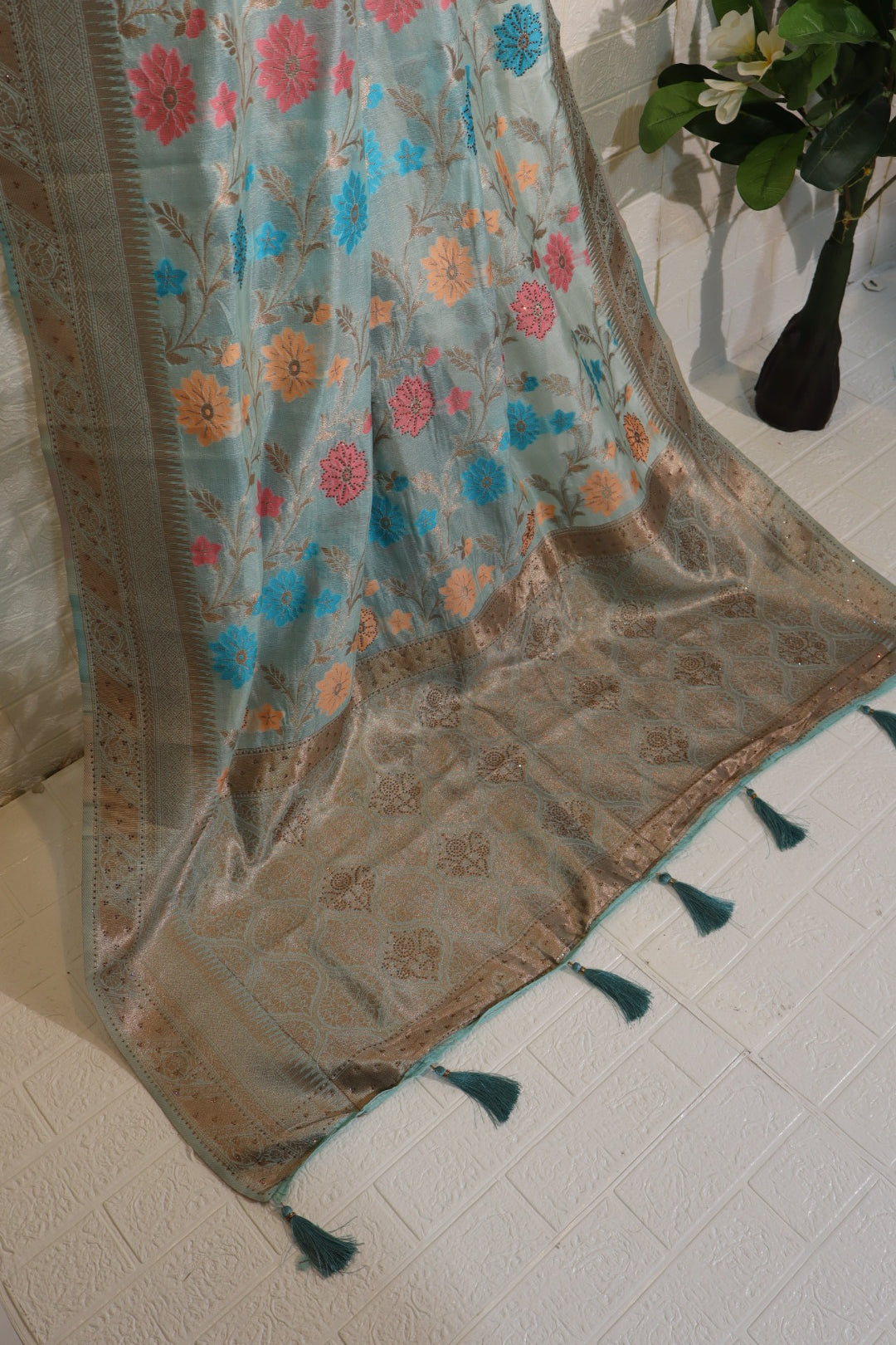 Sky Blue Banarasi Silk Saree with Multicolor Floral Weaving