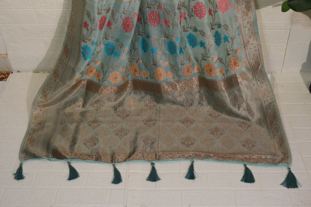 Sky Blue Banarasi Silk Saree with Multicolor Floral Weaving