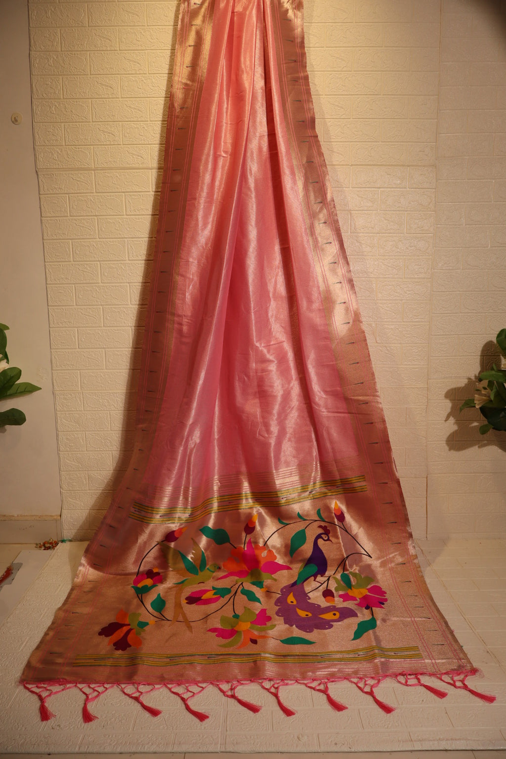 Pink Satin Silk Saree with Multicolor Peacock & Floral Motif