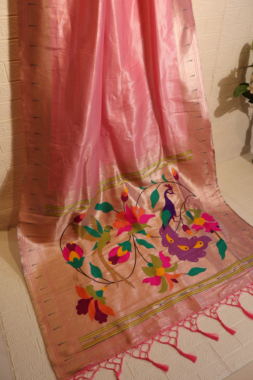 Pink Satin Silk Saree with Multicolor Peacock & Floral Motif