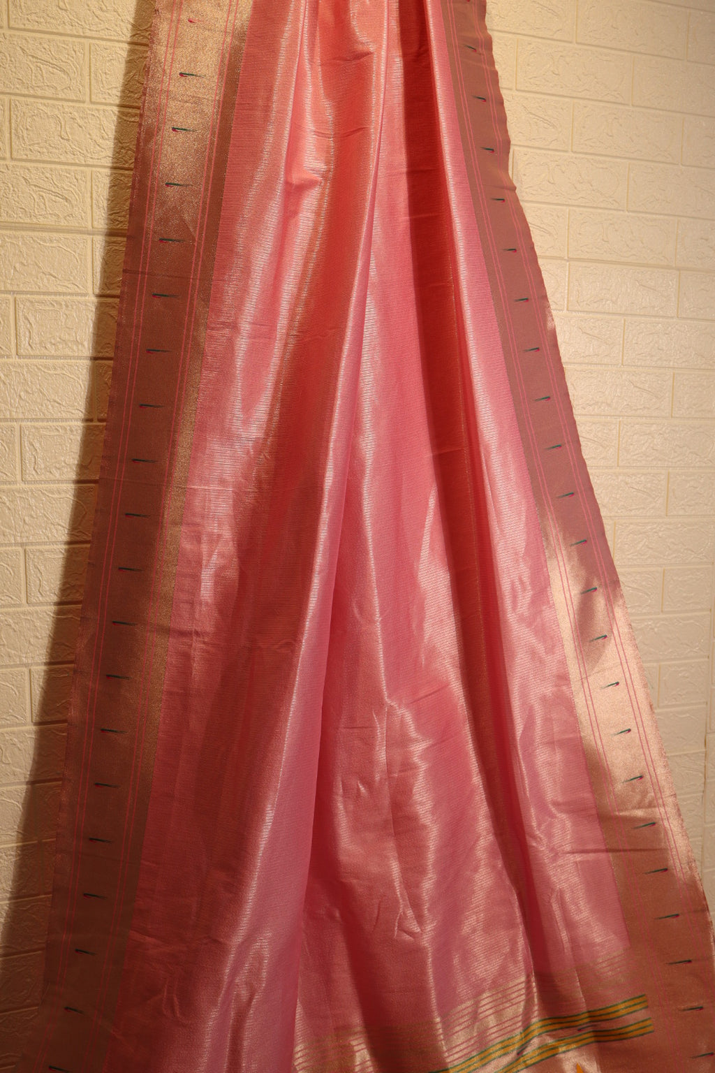 Pink Satin Silk Saree with Multicolor Peacock & Floral Motif