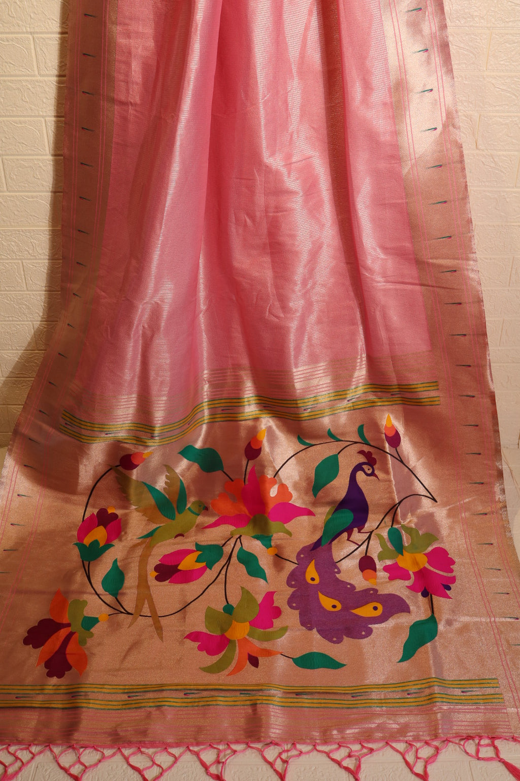 Pink Satin Silk Saree with Multicolor Peacock & Floral Motif