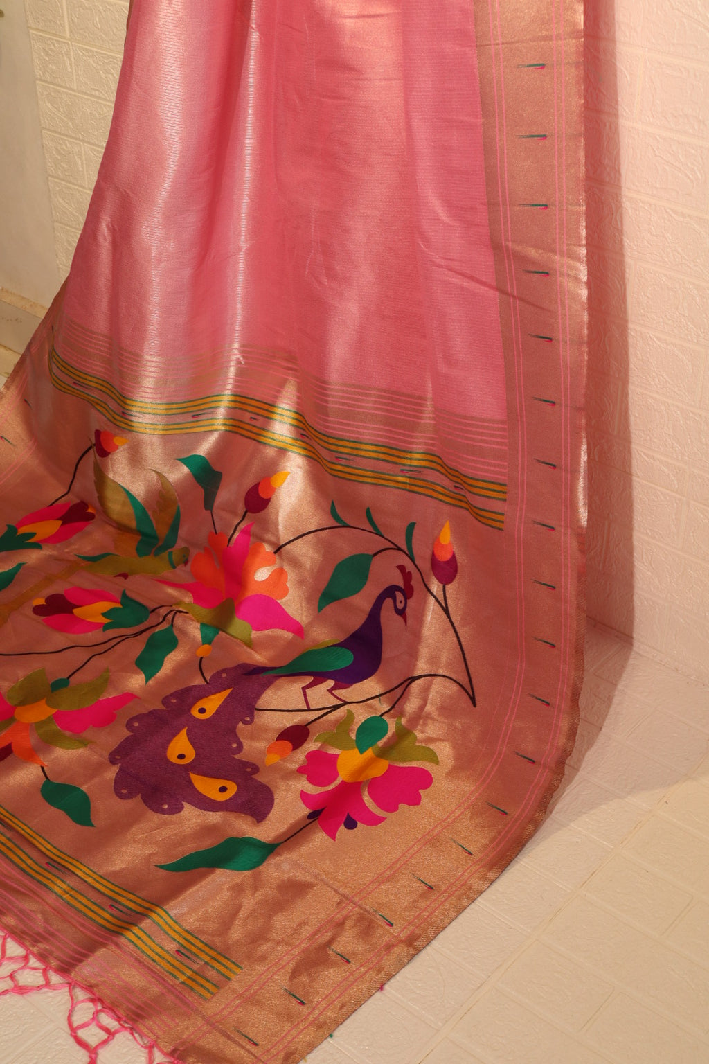 Pink Satin Silk Saree with Multicolor Peacock & Floral Motif