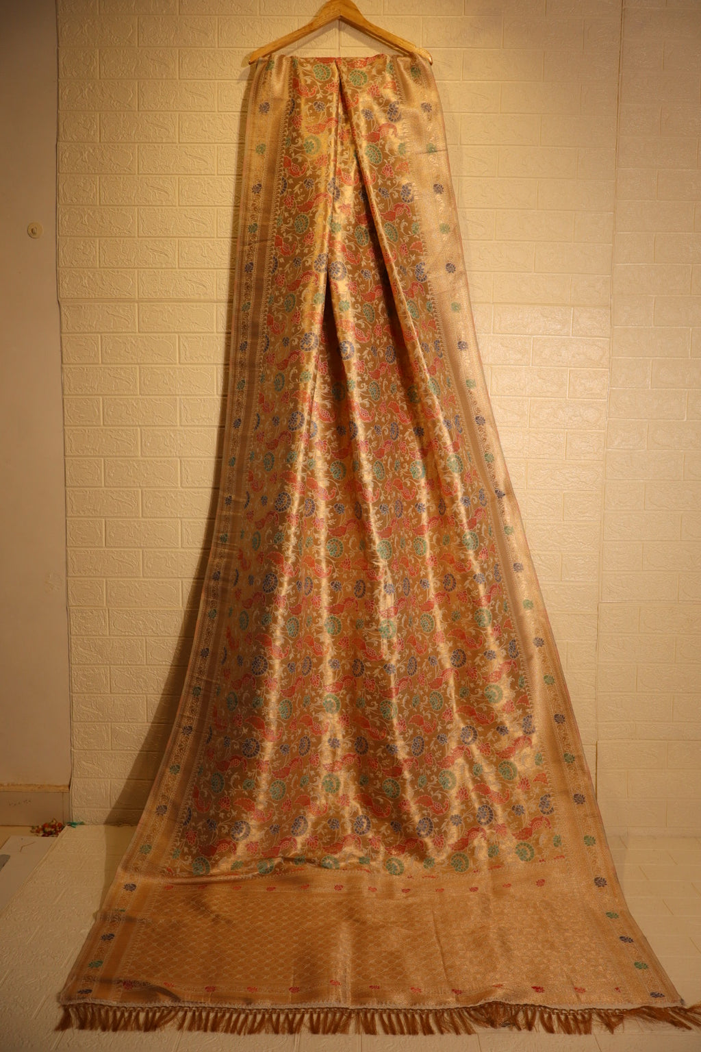 Golden Brocade Banarasi Silk Saree with Multicolor Floral Weave