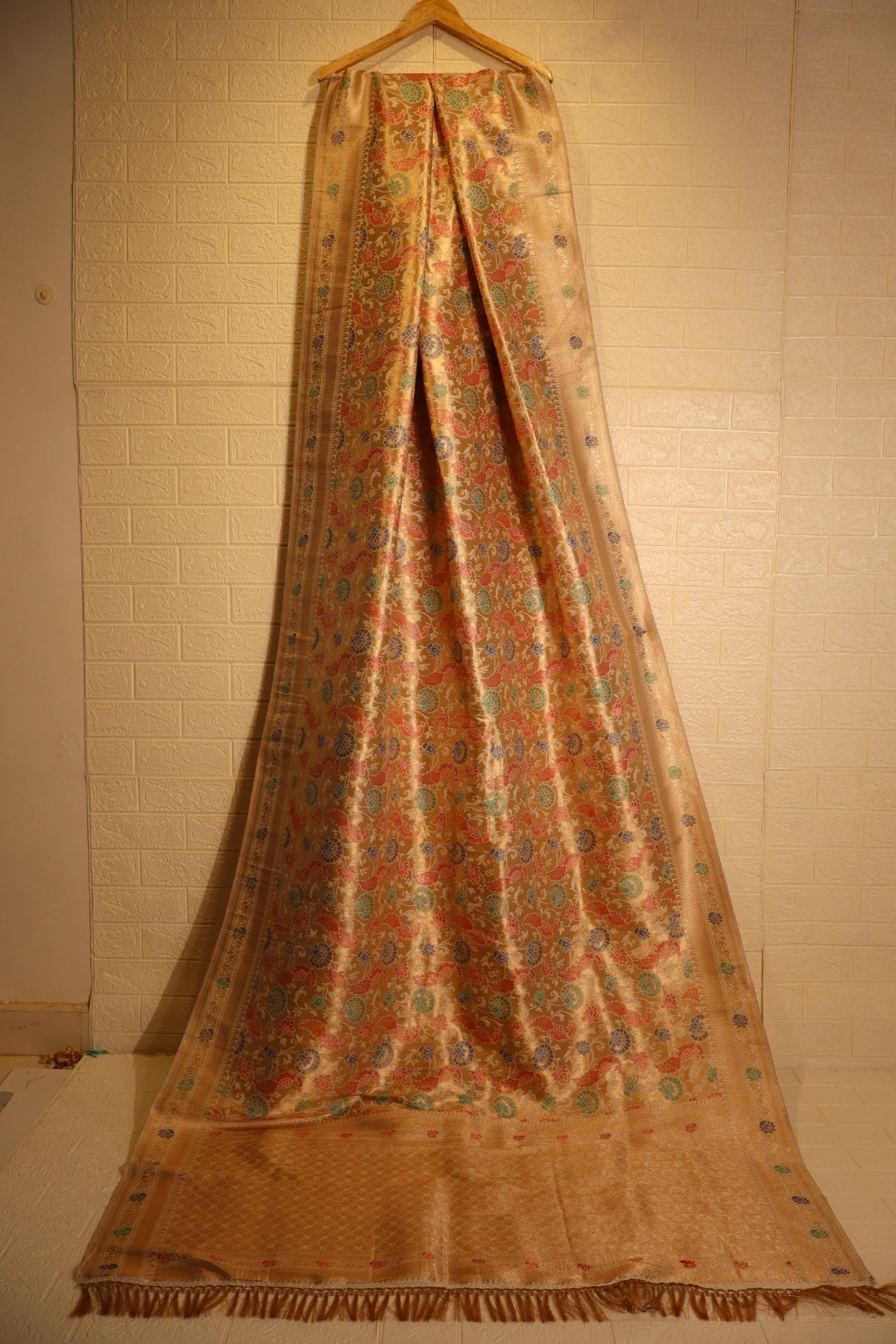 Golden Brocade Banarasi Silk Saree with Multicolor Floral Weave