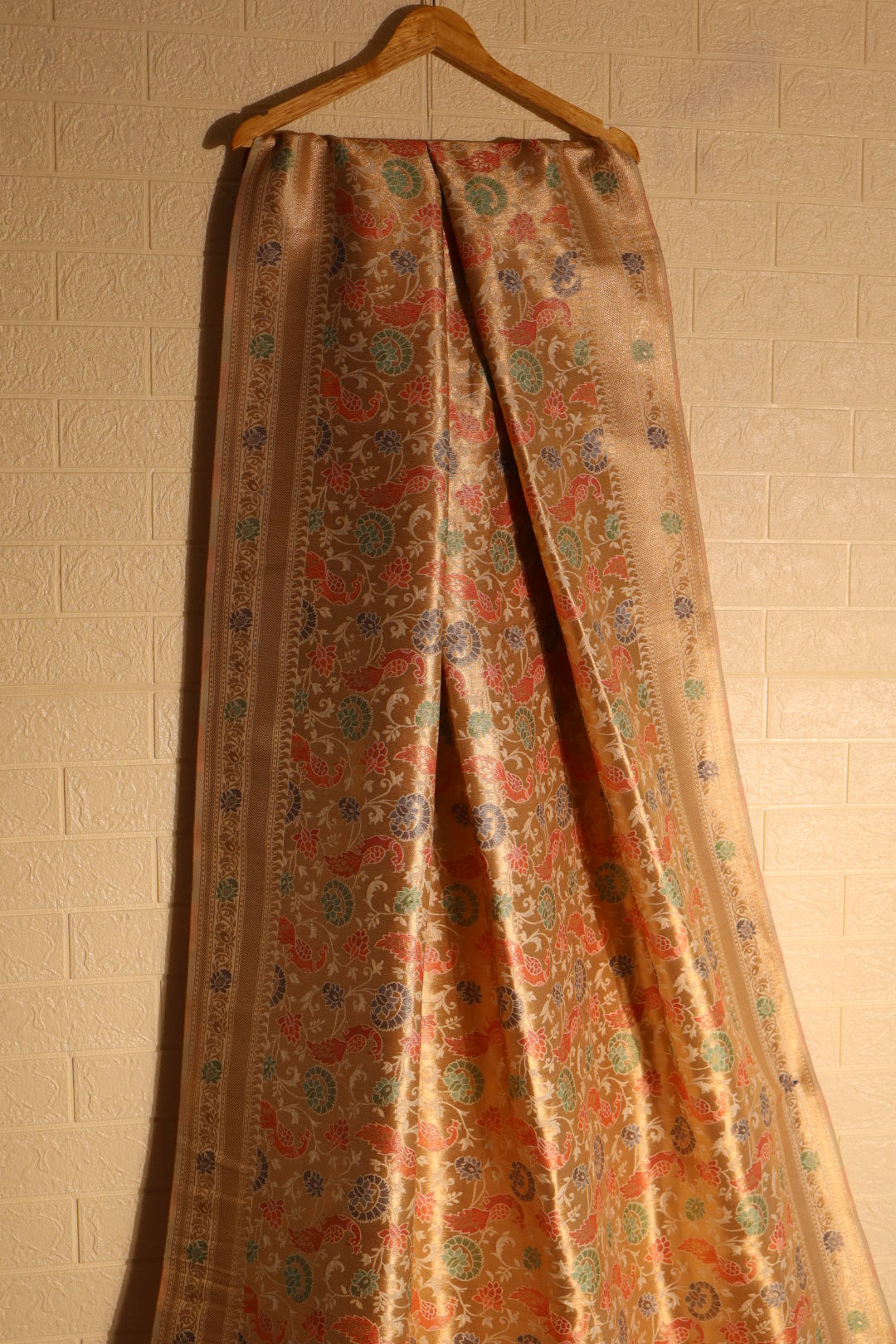 Golden Brocade Banarasi Silk Saree with Multicolor Floral Weave