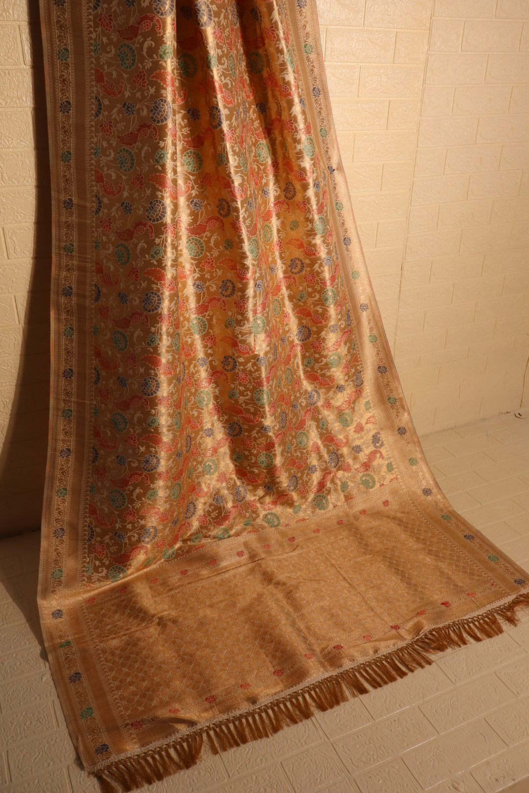 Golden Brocade Banarasi Silk Saree with Multicolor Floral Weave