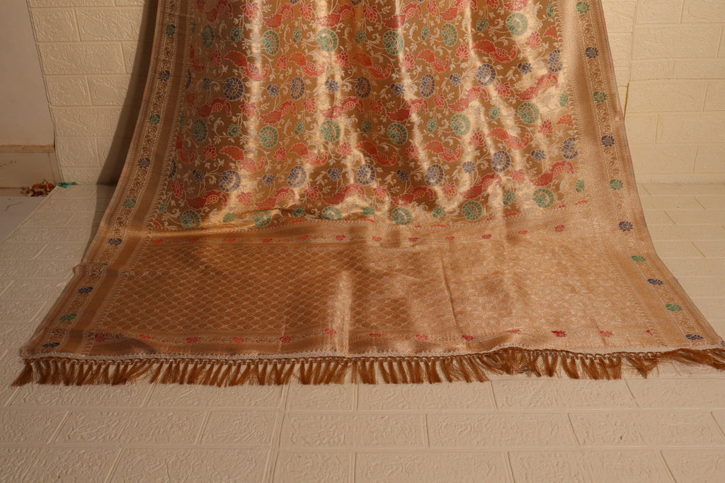 Golden Brocade Banarasi Silk Saree with Multicolor Floral Weave