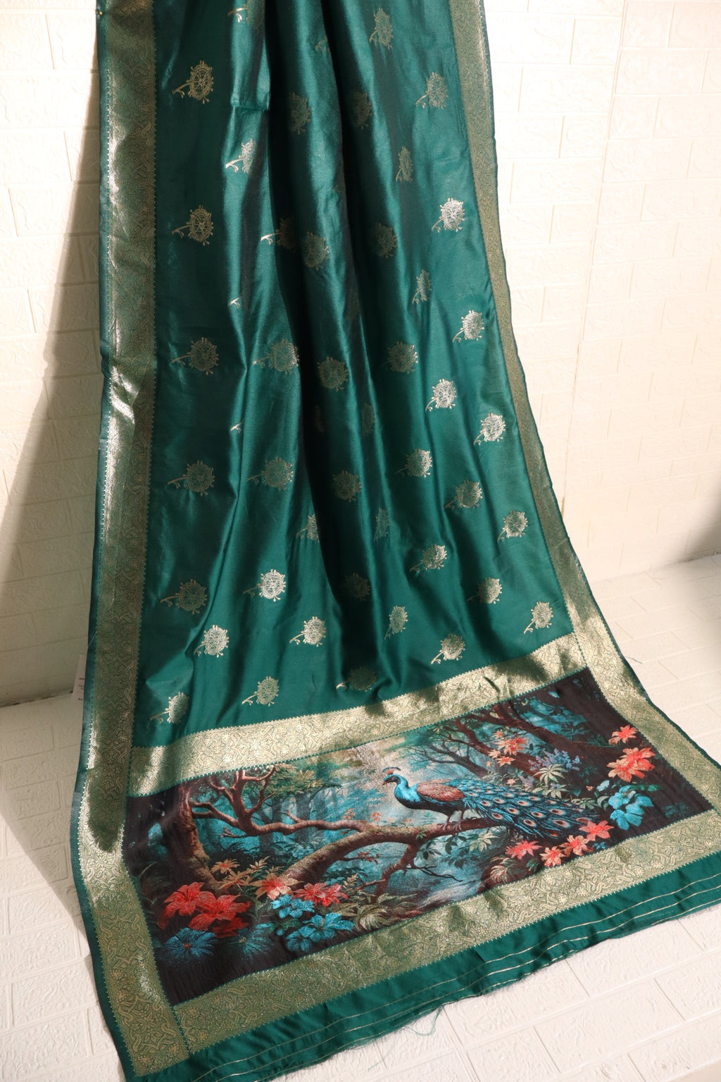 Emerald Green Satin Silk Saree with Peacock & Forest Motif