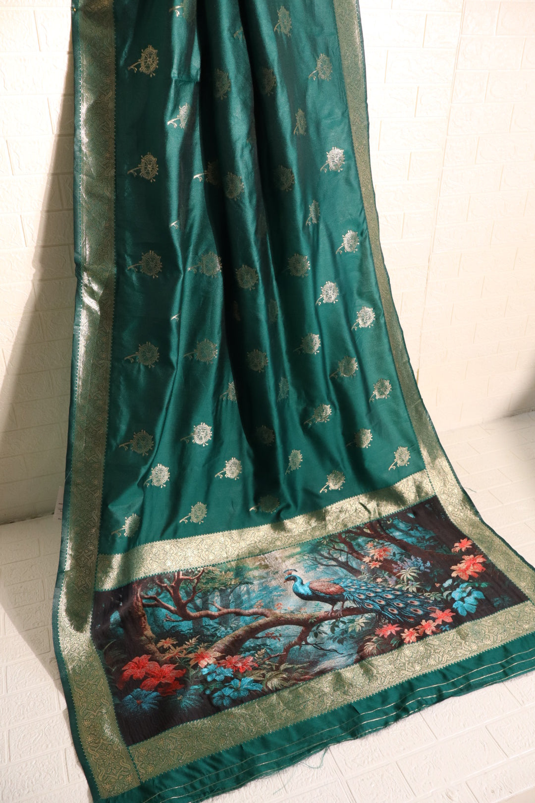 Emerald Green Satin Silk Saree with Peacock & Forest Motif