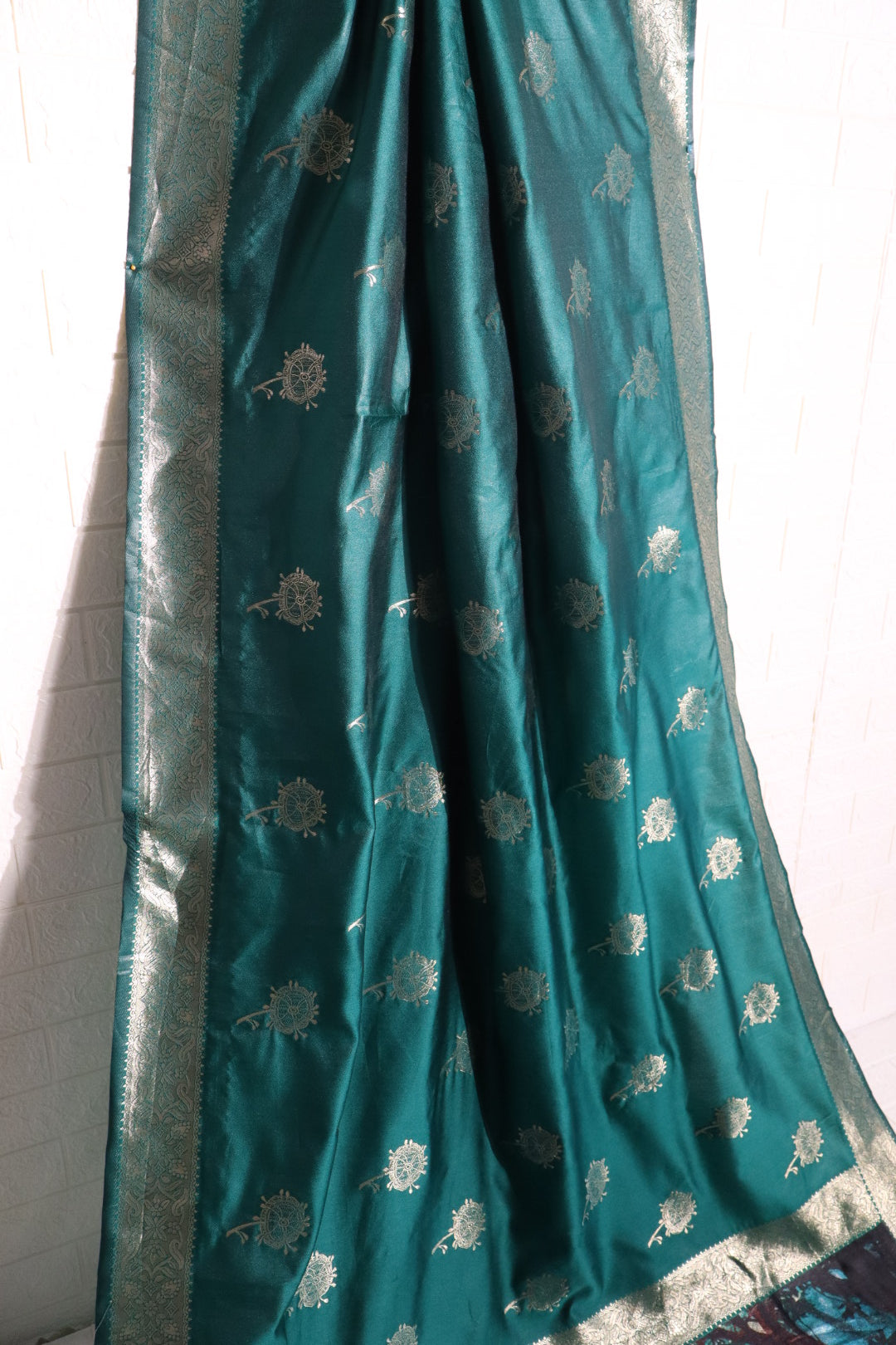 Emerald Green Satin Silk Saree with Peacock & Forest Motif