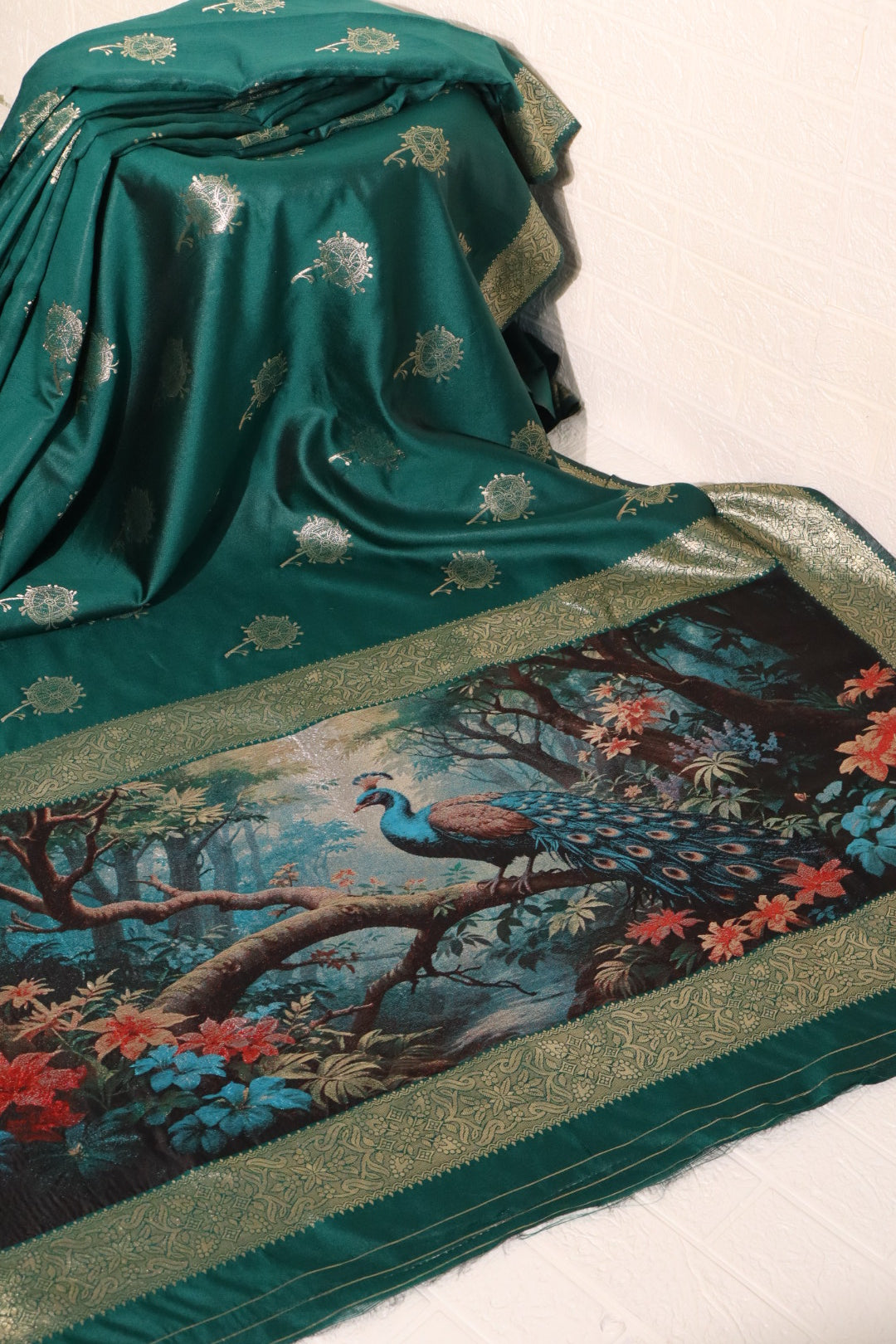Emerald Green Satin Silk Saree with Peacock & Forest Motif