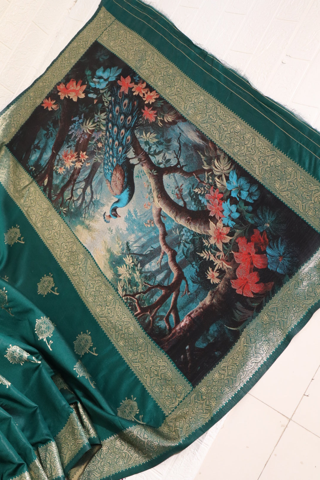 Emerald Green Satin Silk Saree with Peacock & Forest Motif