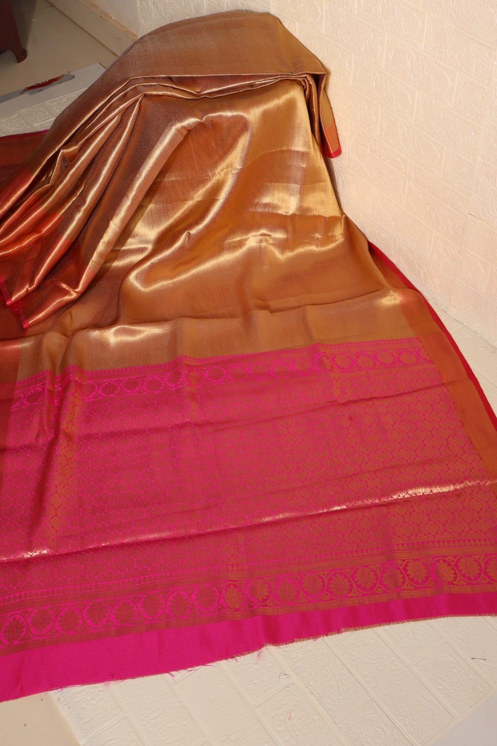 Golden Brown Kanchipuram Silk Saree with Pink Zari Border