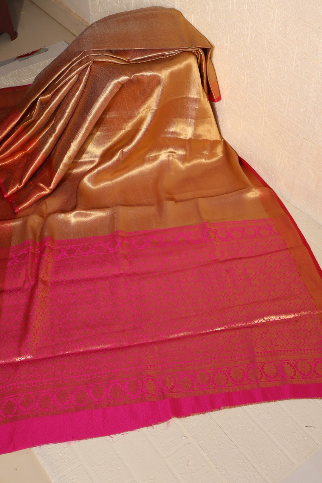 Golden Brown Kanchipuram Silk Saree with Pink Zari Border