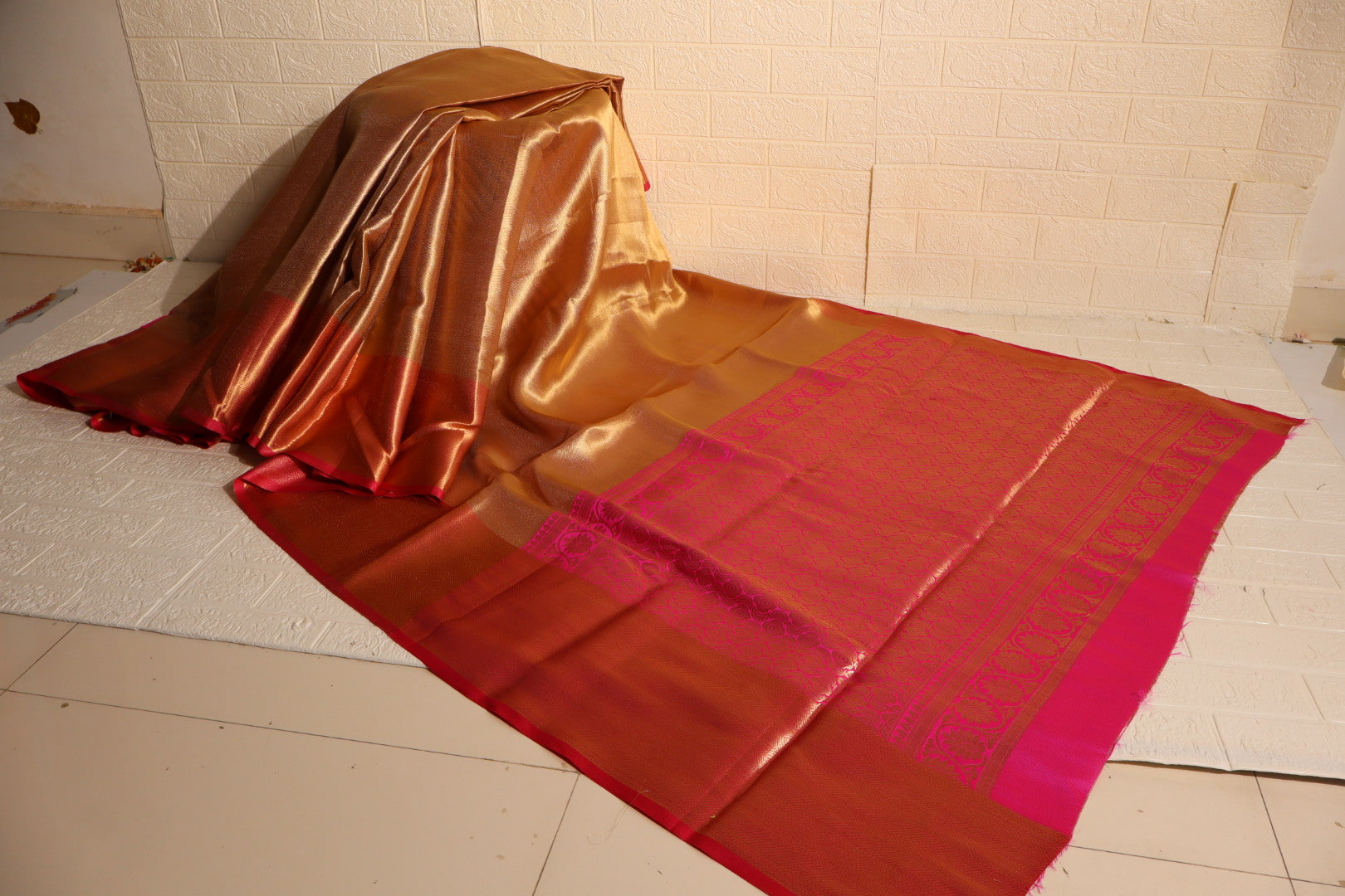 Golden Brown Kanchipuram Silk Saree with Pink Zari Border