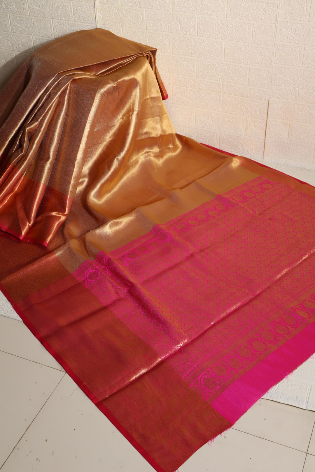 Golden Brown Kanchipuram Silk Saree with Pink Zari Border