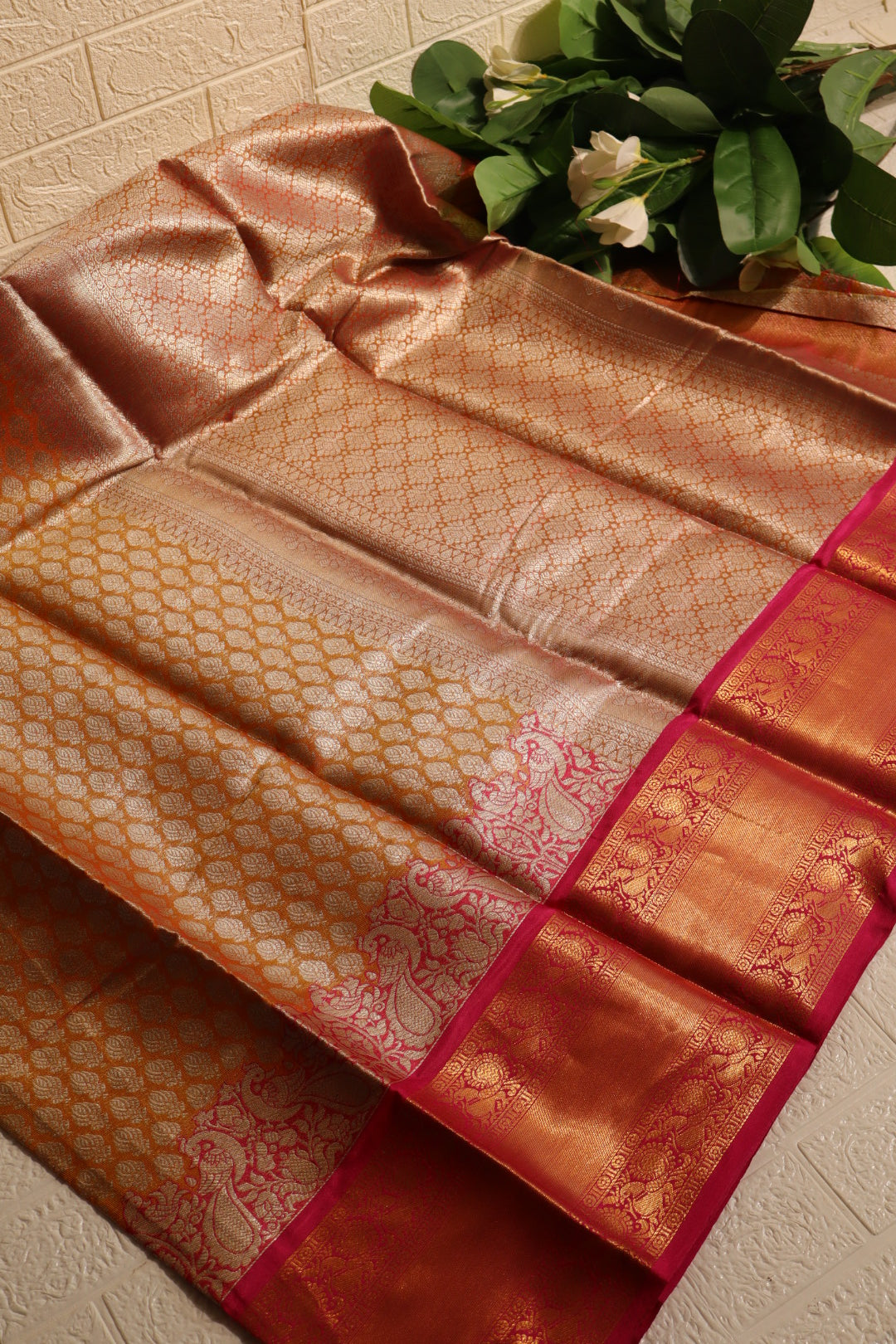 Orange and Pink Kanjivaram Silk Saree with Gold Zari and Peacock Motifs
