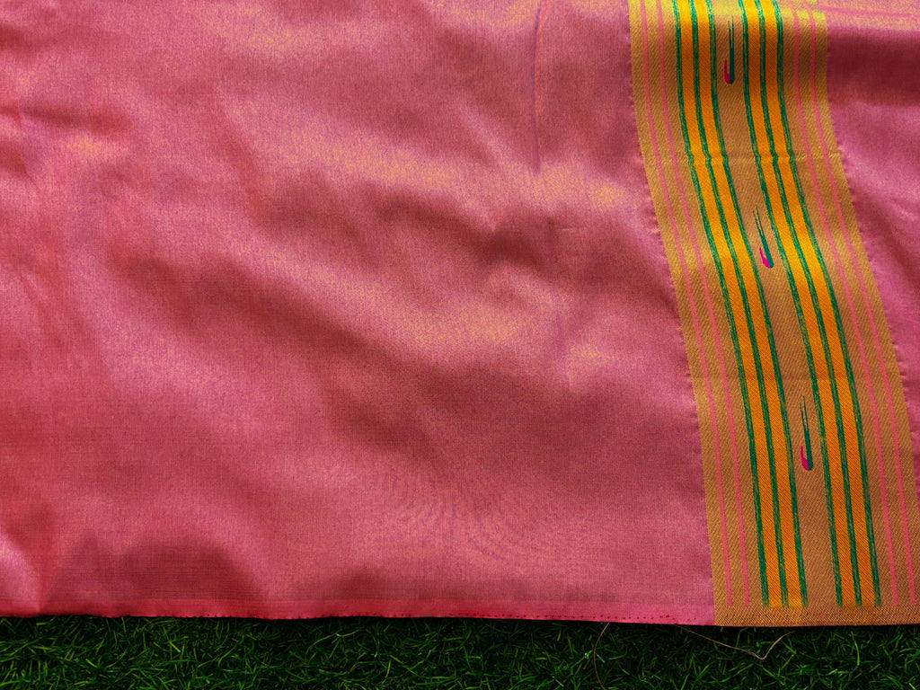 Pink Satin Silk Saree with Multicolor Peacock & Floral Motif