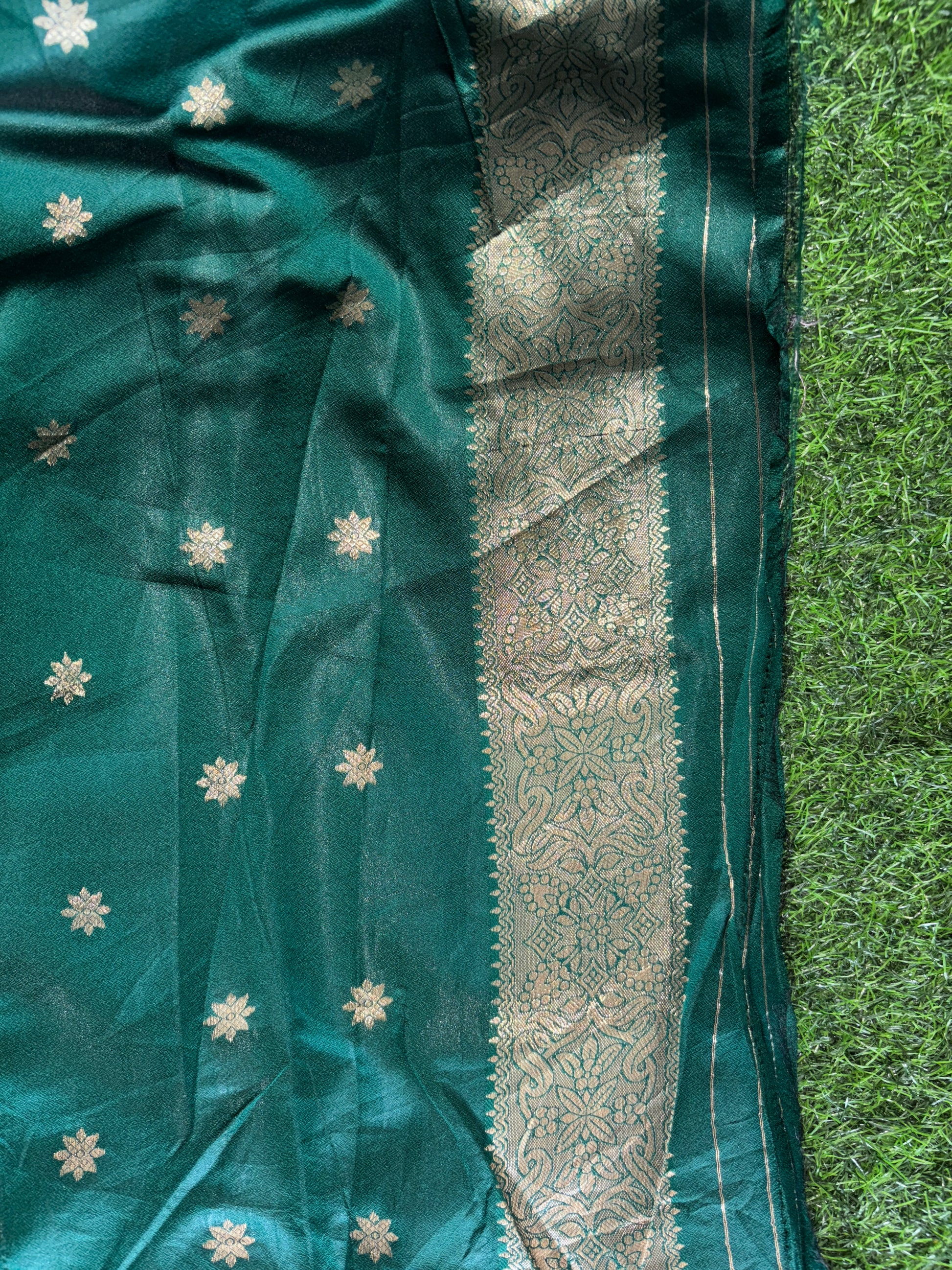 Emerald Green Satin Silk Saree with Peacock & Forest Motif