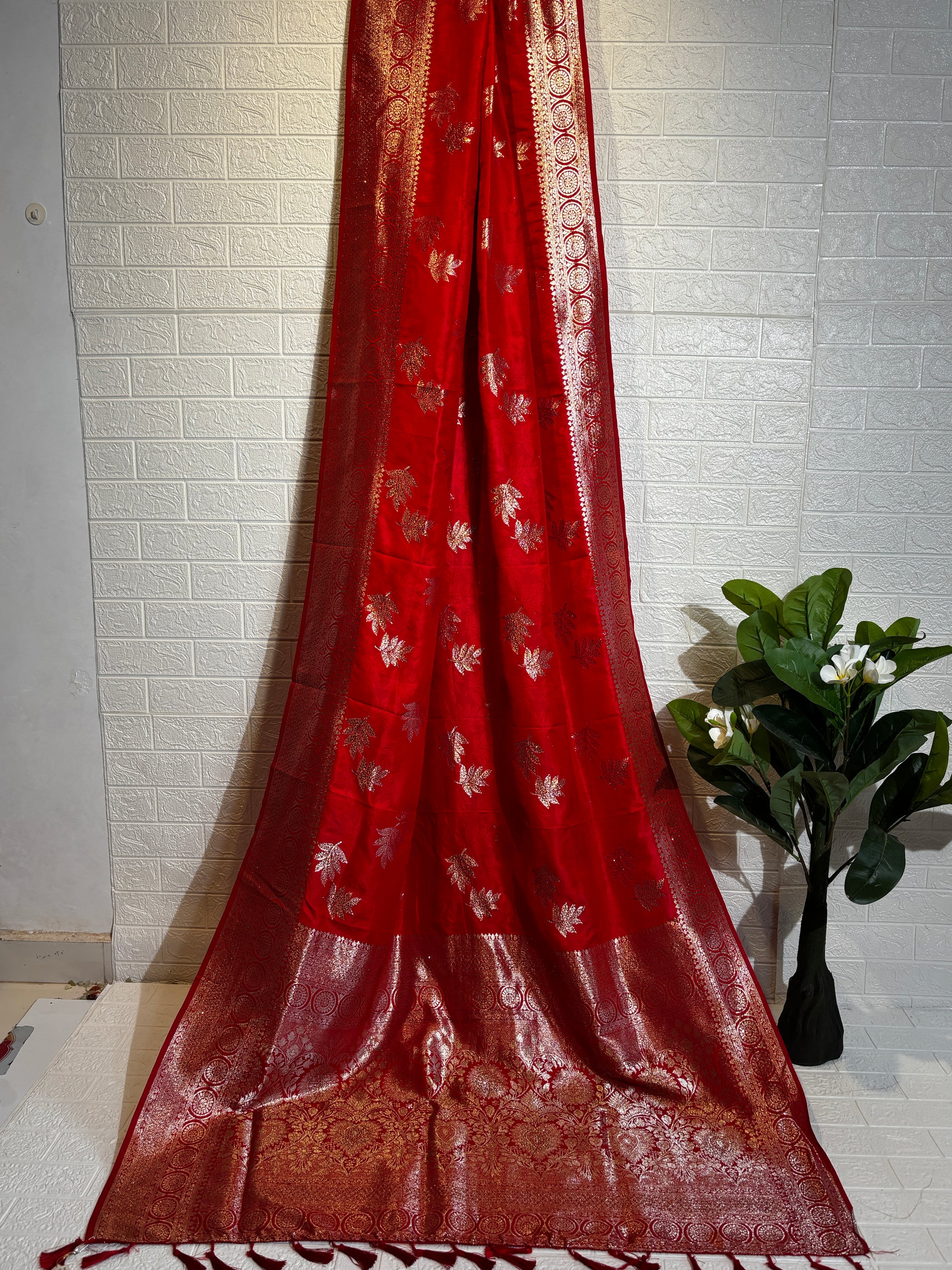 Deep Maroon Banarasi Silk Saree with Silver Zari Leaf Motifs