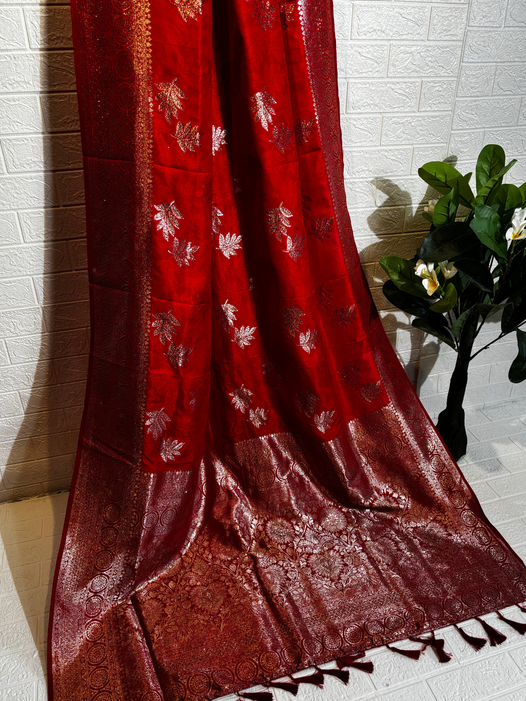 Deep Maroon Banarasi Silk Saree with Silver Zari Leaf Motifs