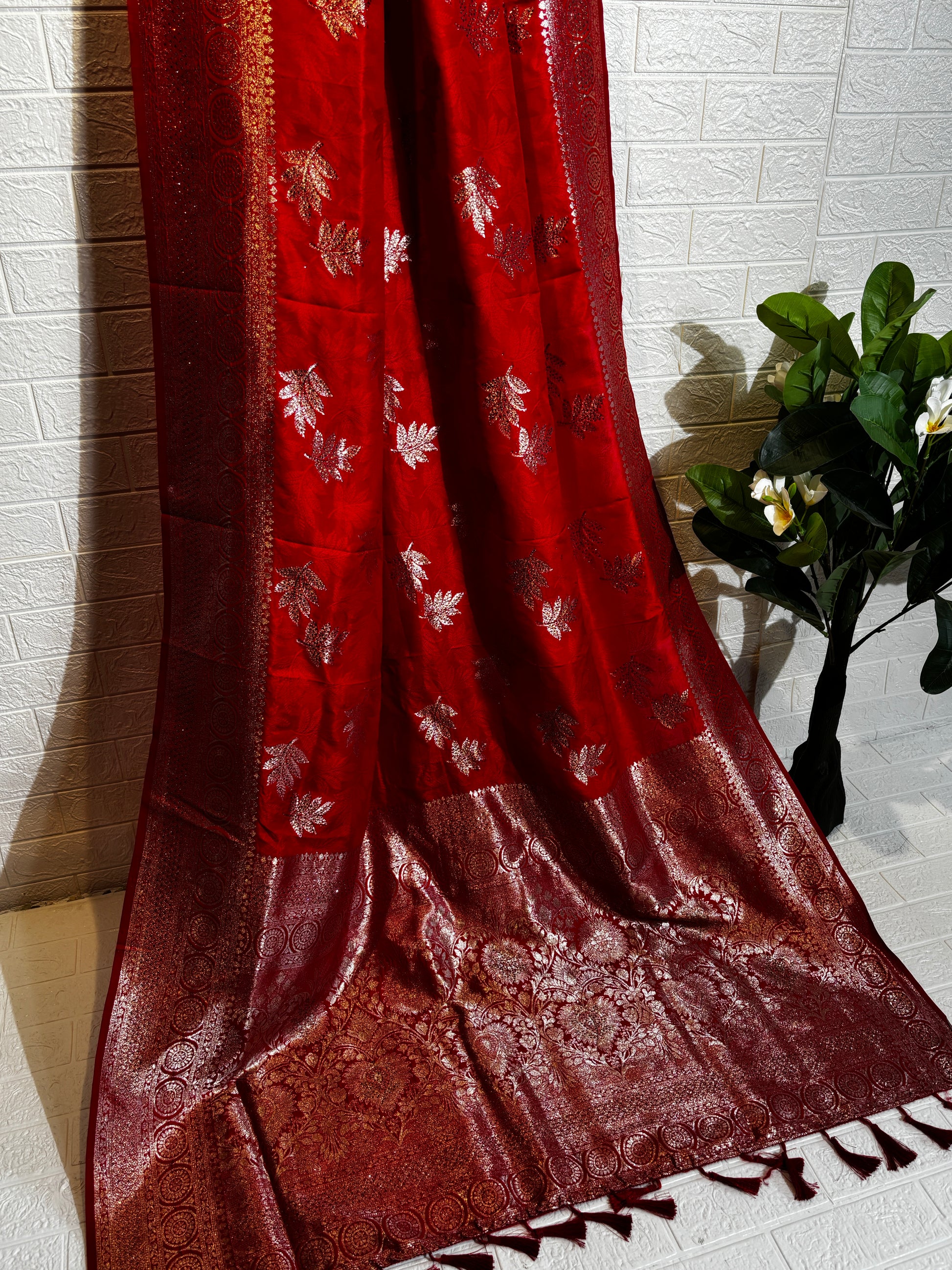 Deep Maroon Banarasi Silk Saree with Silver Zari Leaf Motifs