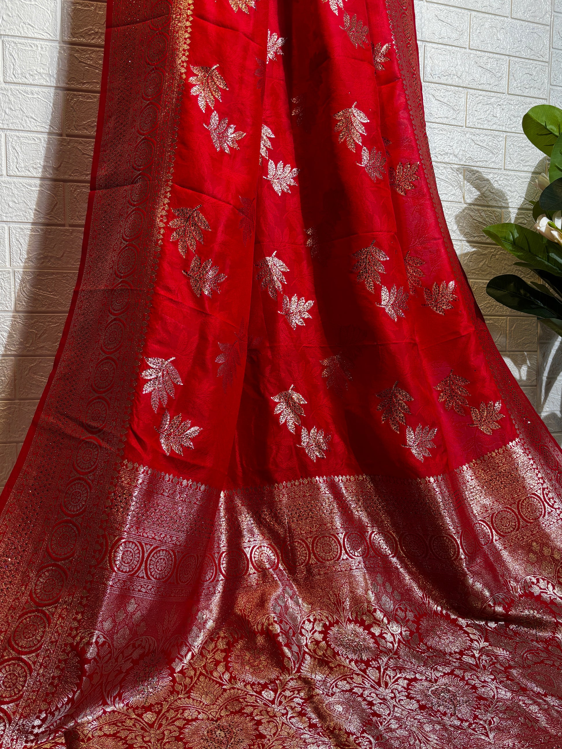 Deep Maroon Banarasi Silk Saree with Silver Zari Leaf Motifs
