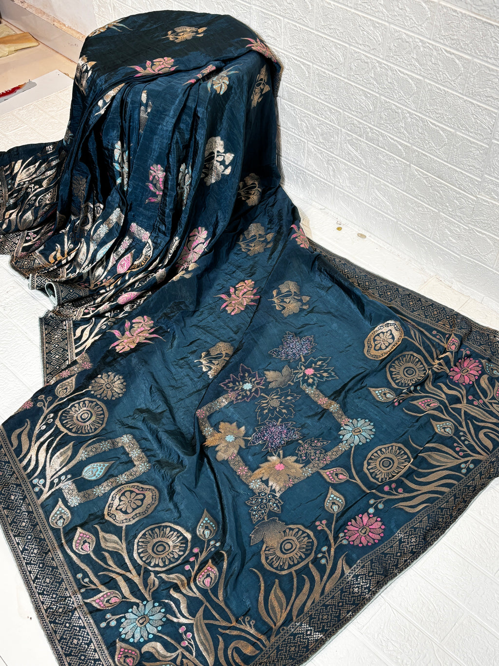 Midnight Blue Banarasi Silk Saree with Multicolor Floral Zari Work