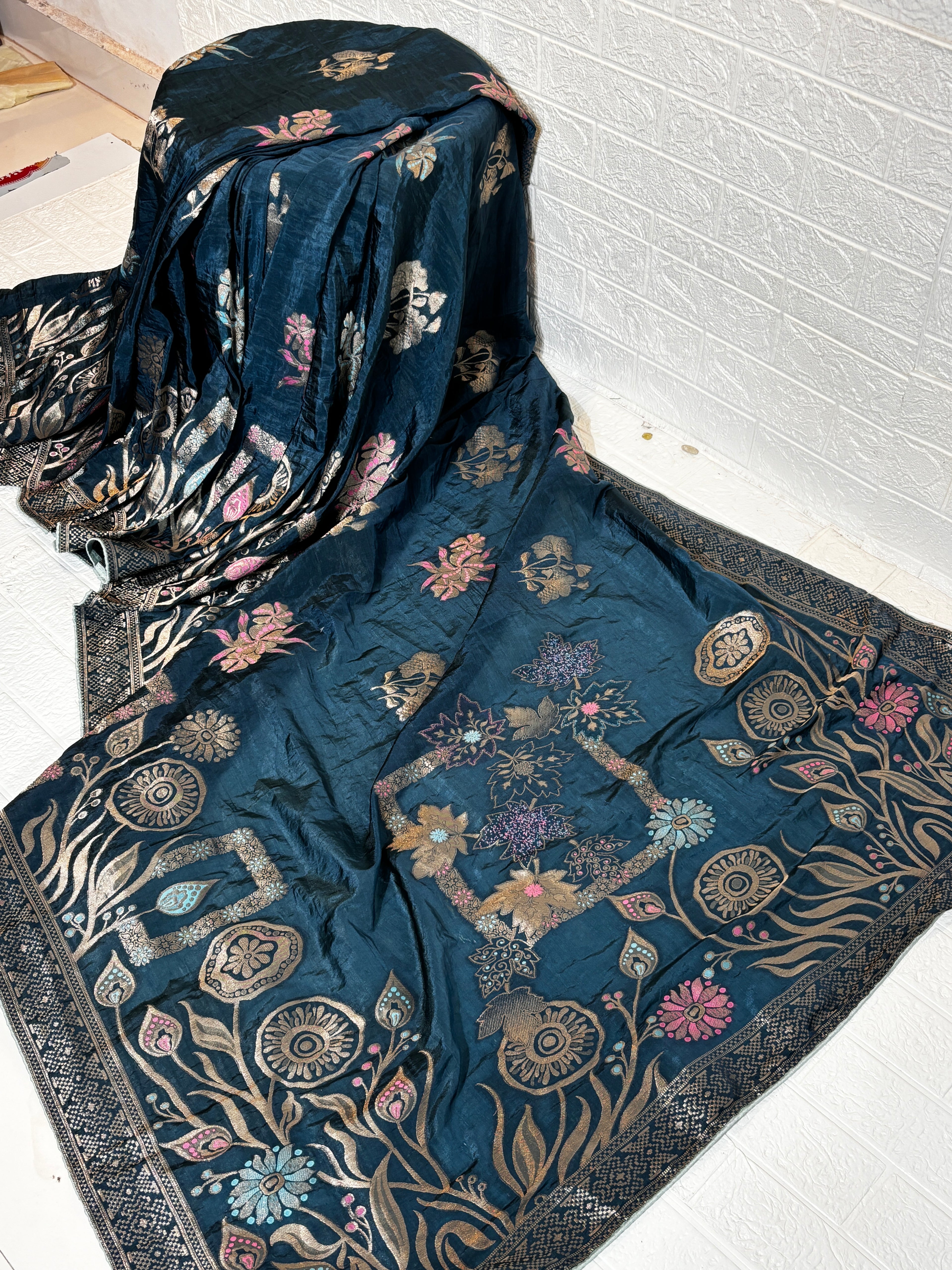 Midnight Blue Banarasi Silk Saree with Multicolor Floral Zari Work