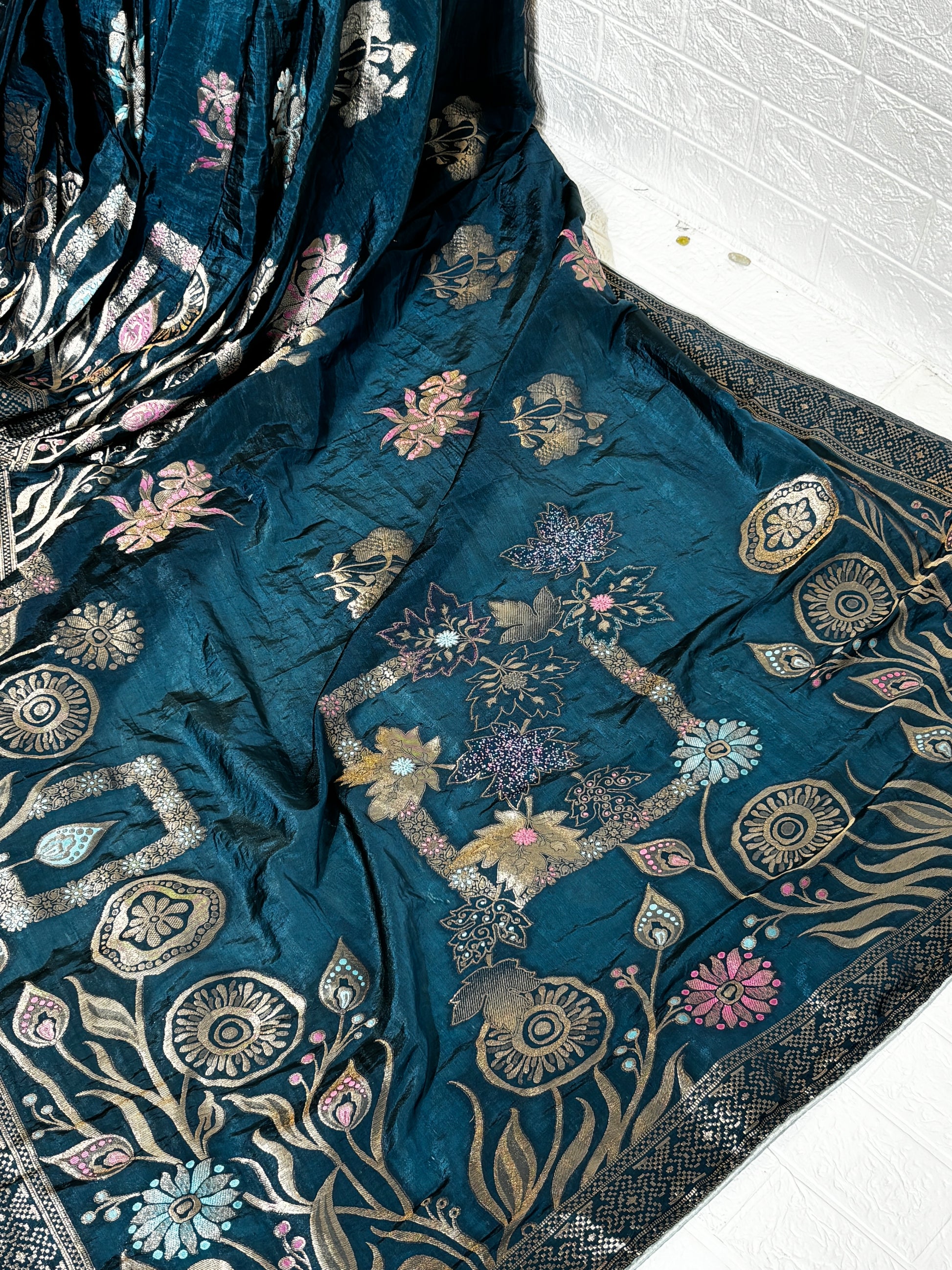 Midnight Blue Banarasi Silk Saree with Multicolor Floral Zari Work