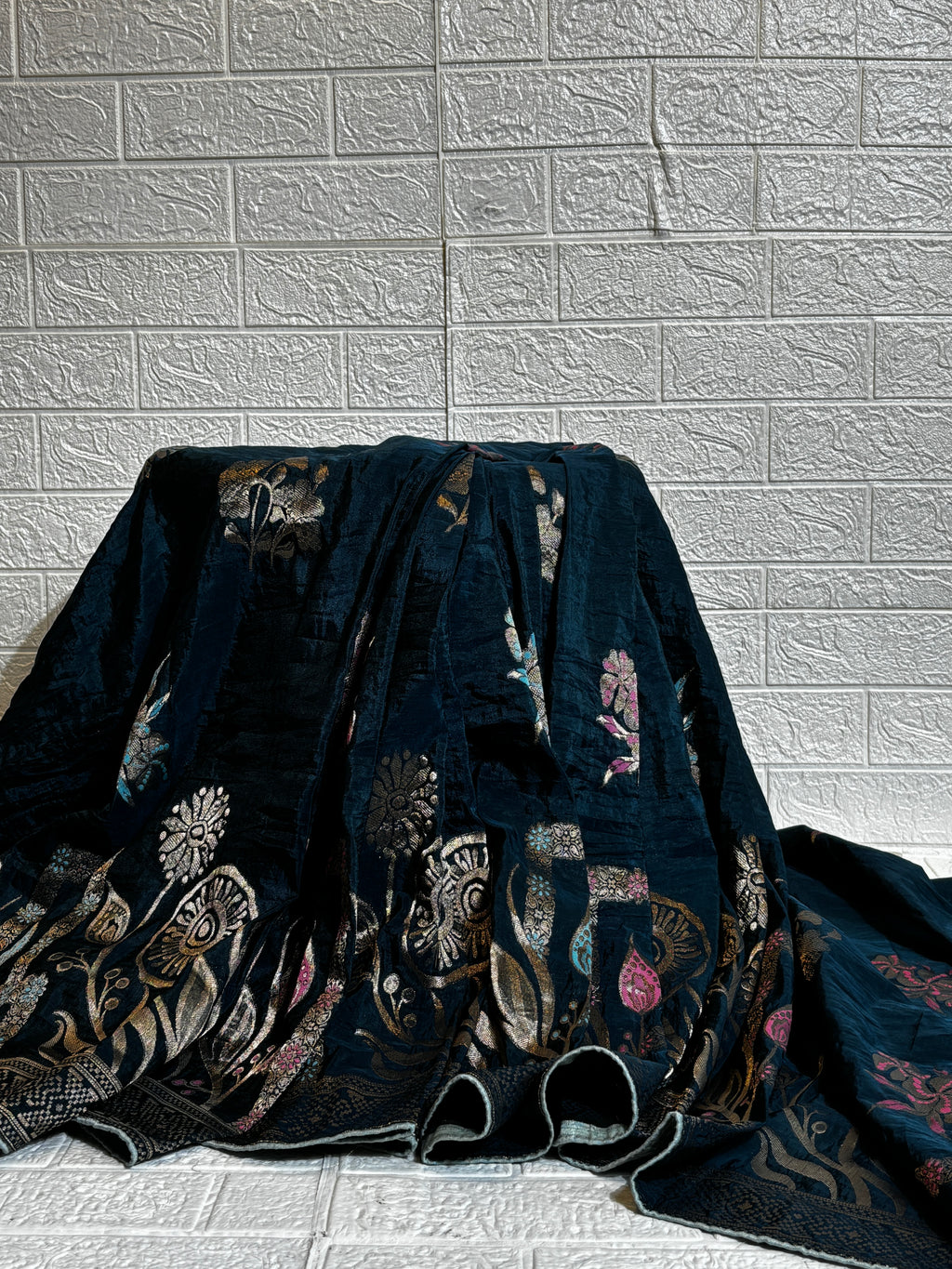 Midnight Blue Banarasi Silk Saree with Multicolor Floral Zari Work