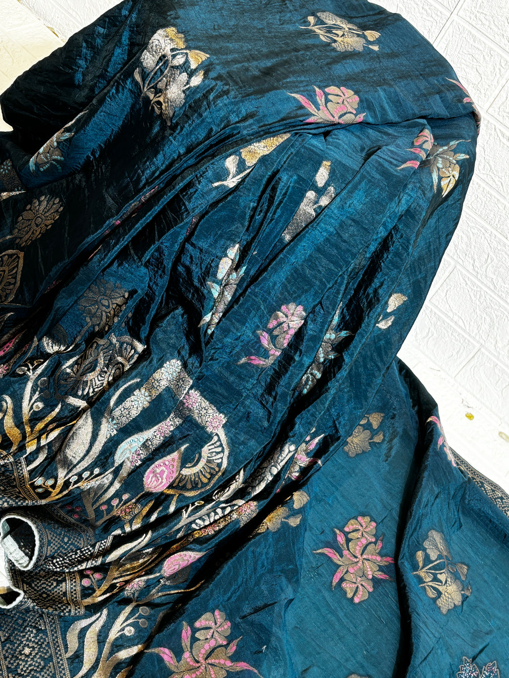 Midnight Blue Banarasi Silk Saree with Multicolor Floral Zari Work