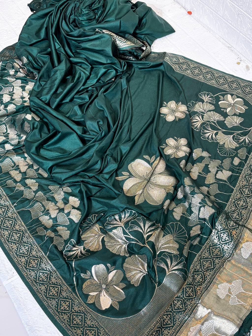 Emerald Green Banarasi Silk Saree with Silver Zari Floral Weave